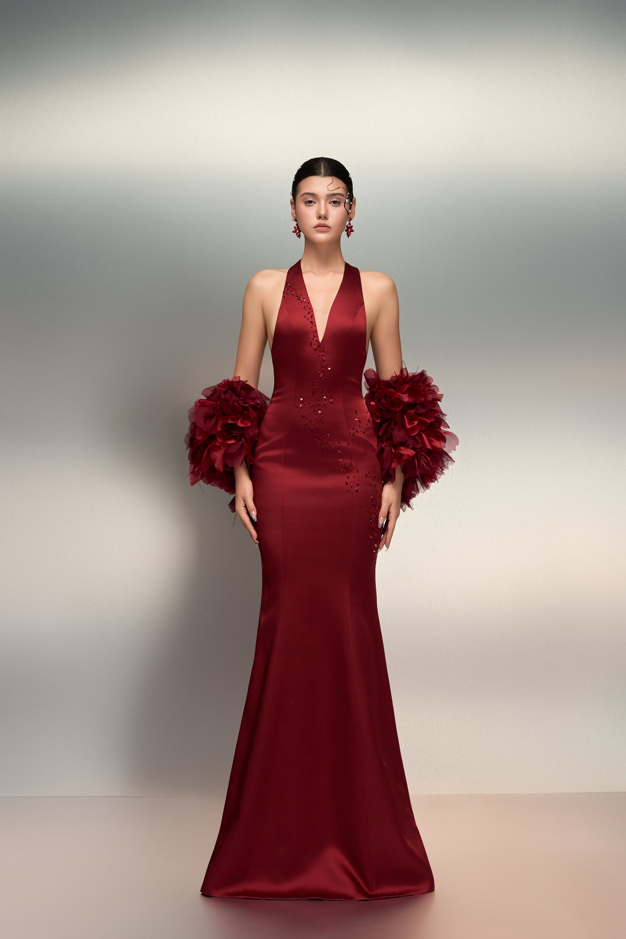 Fatima silk taffeta dress & Alya feather and silk taffeta cape