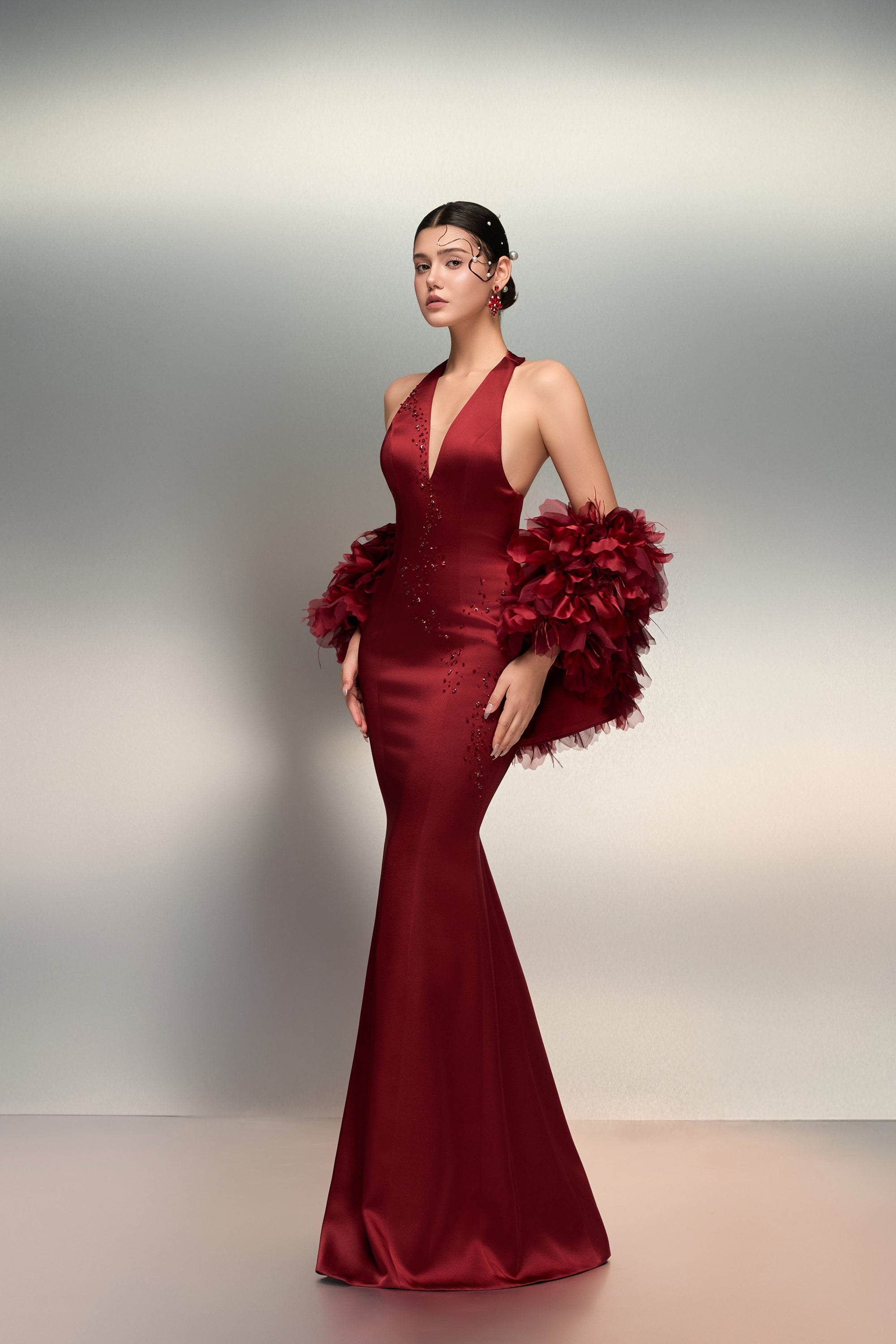 Fatima silk taffeta dress & Alya feather and silk taffeta cape