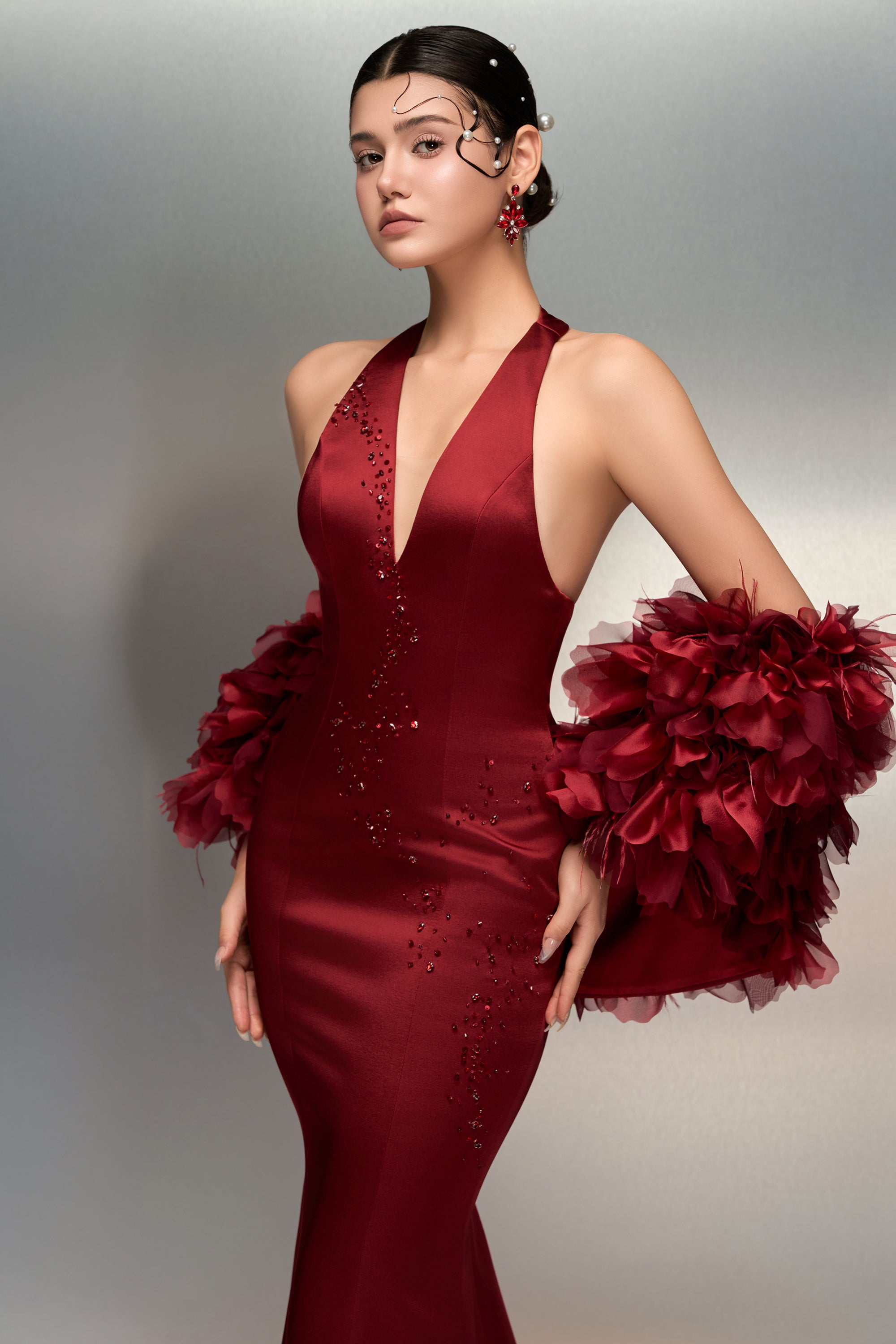 Fatima silk taffeta dress & Alya feather and silk taffeta cape