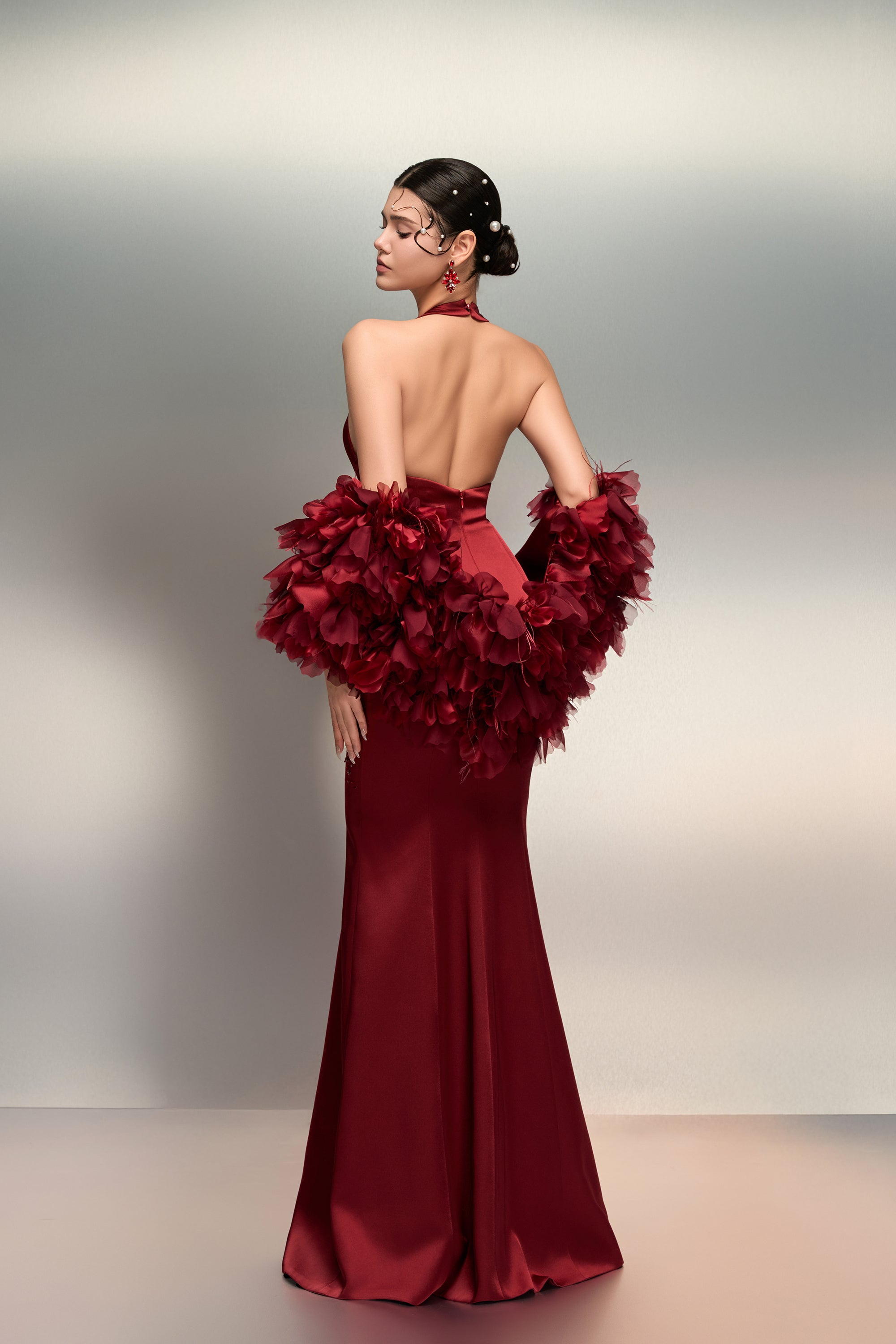 Fatima silk taffeta dress & Alya feather and silk taffeta cape