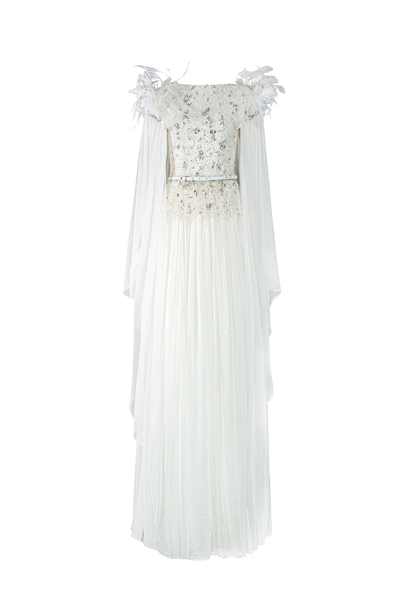 Athena crystal lace feather dress