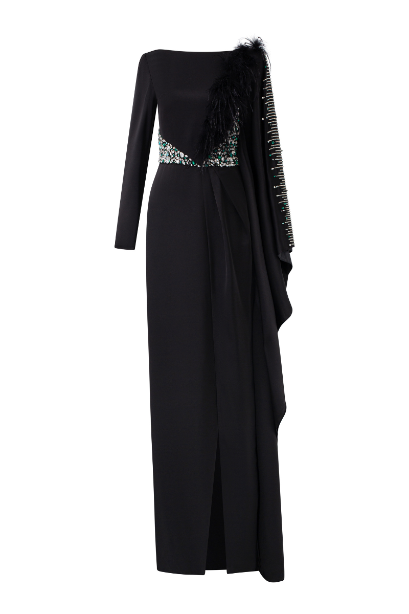 Valentina silk satin feather dress