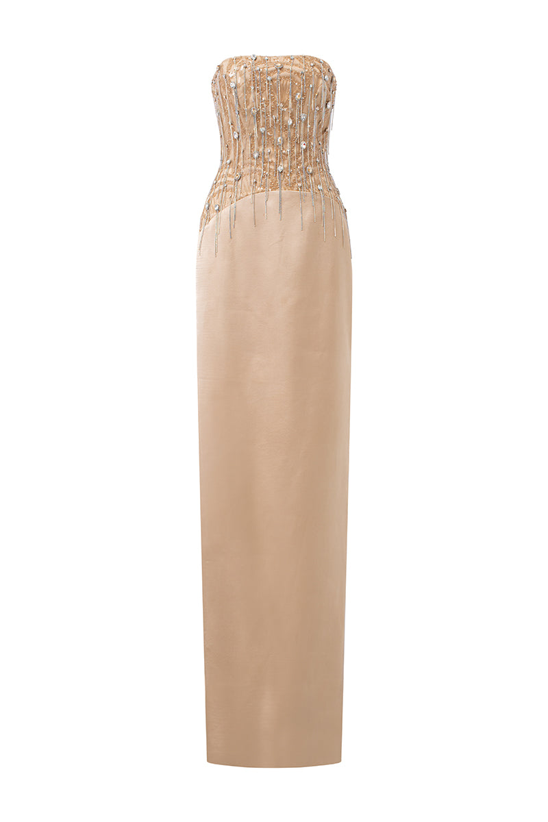 Teresa silk satin crystal dress with cape