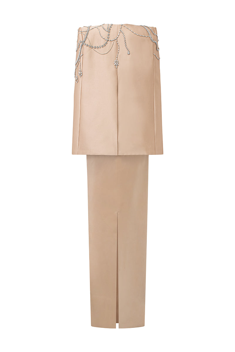 Teresa silk satin crystal dress with cape