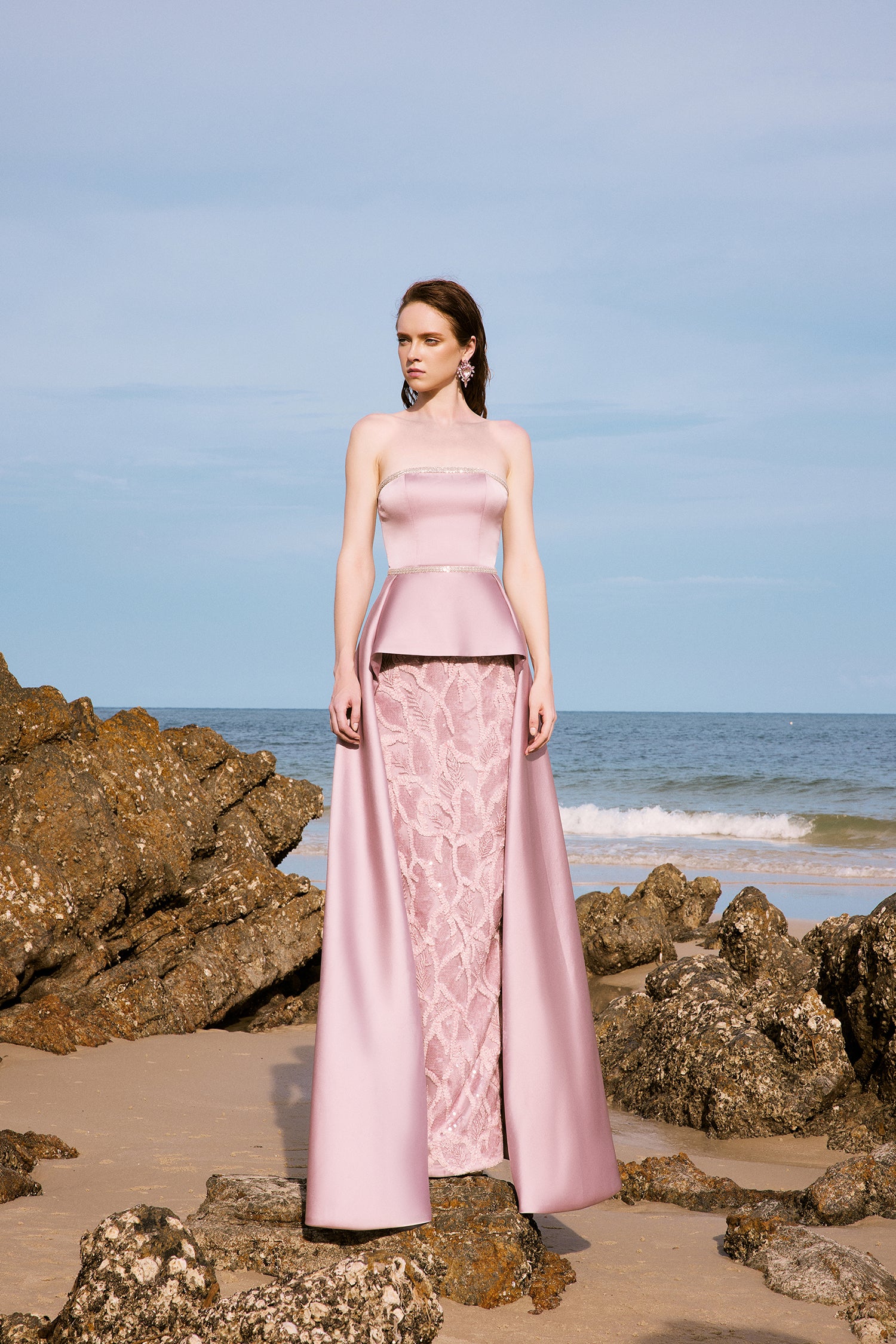 Elizabeth silk satin mixed crystal lace dress