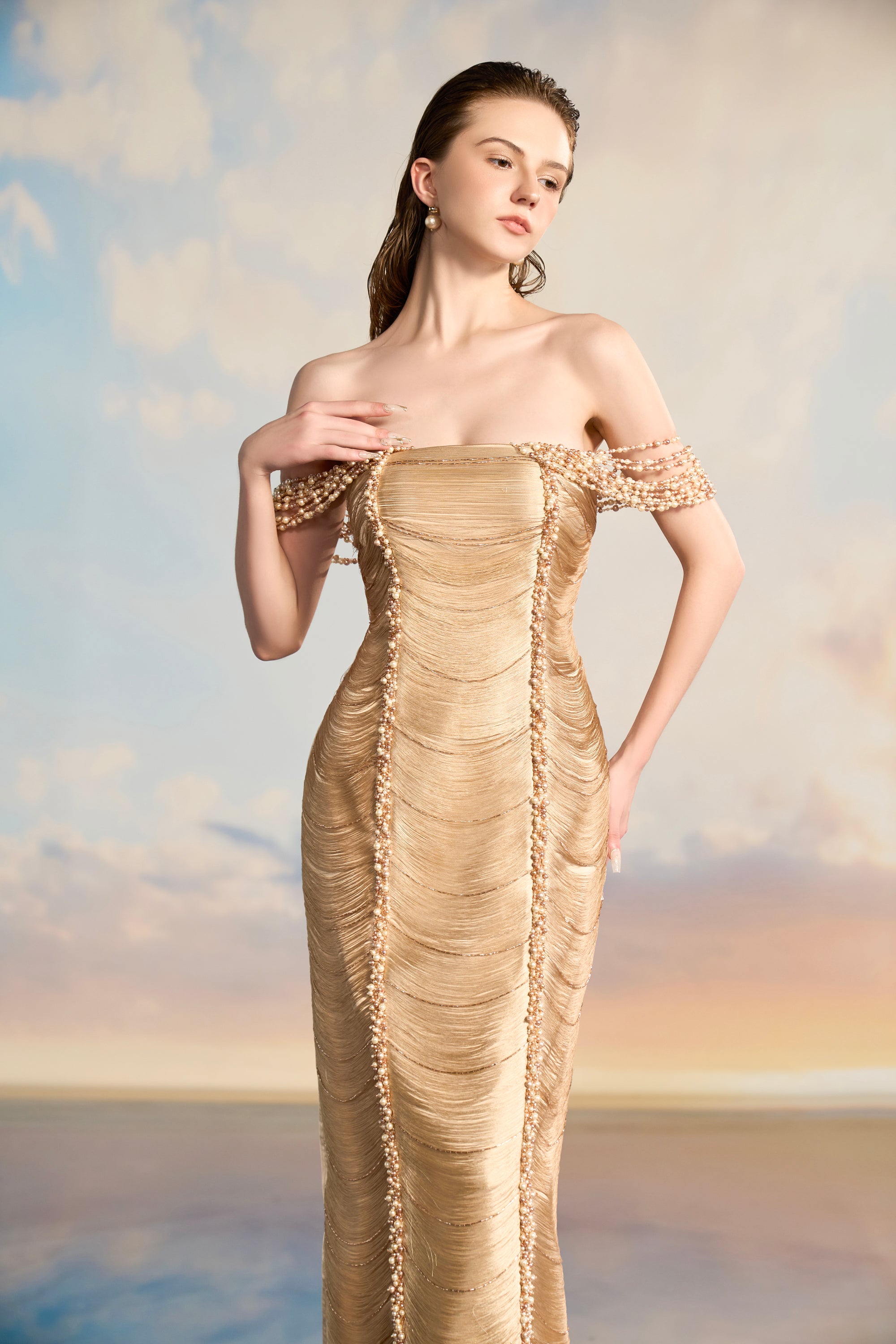 Amanda Silk satin flow pearl dress