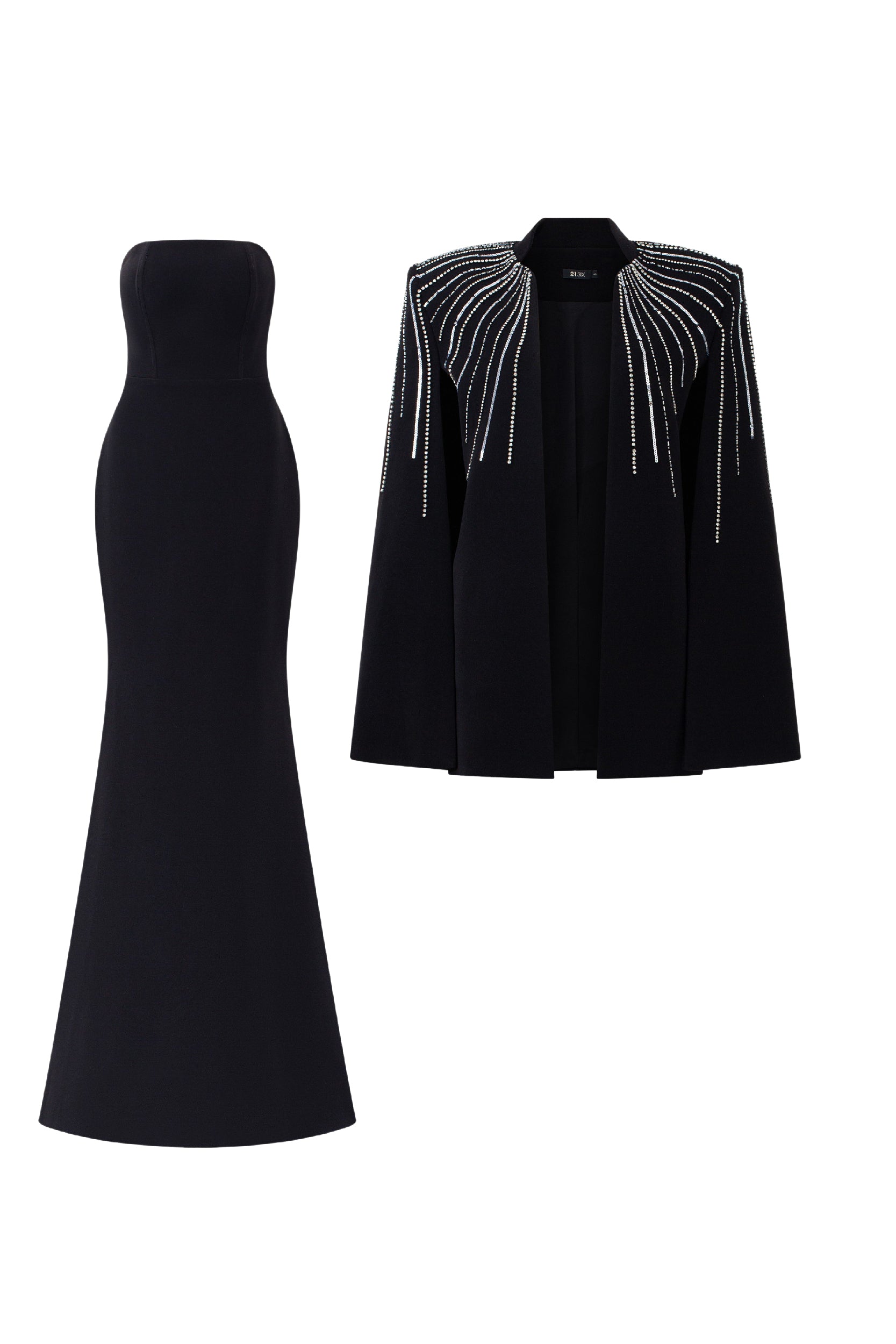 Louisa Crepe Fishtail dress with cape