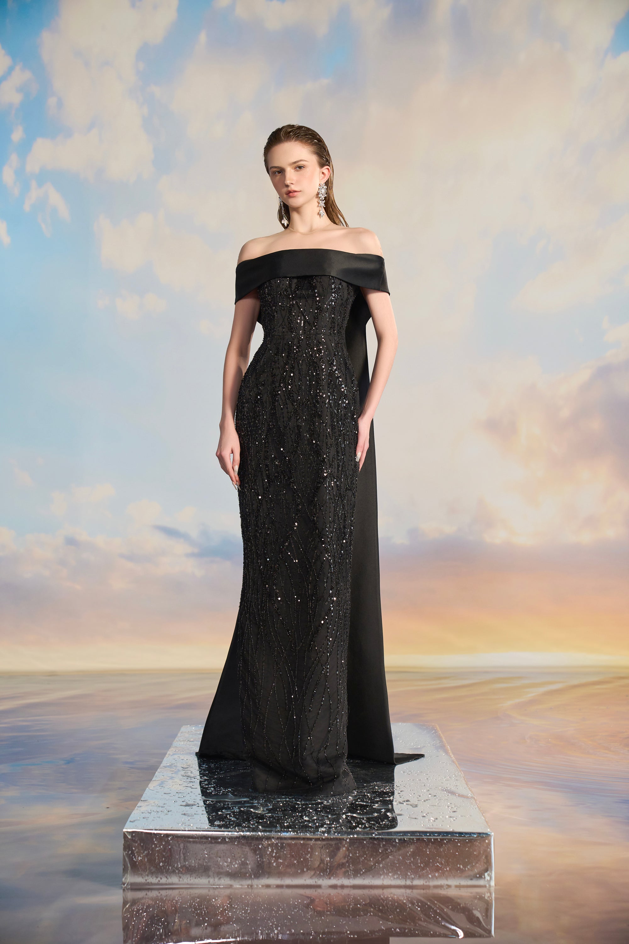 Jocelyn Crystal Lace off shoulder dress