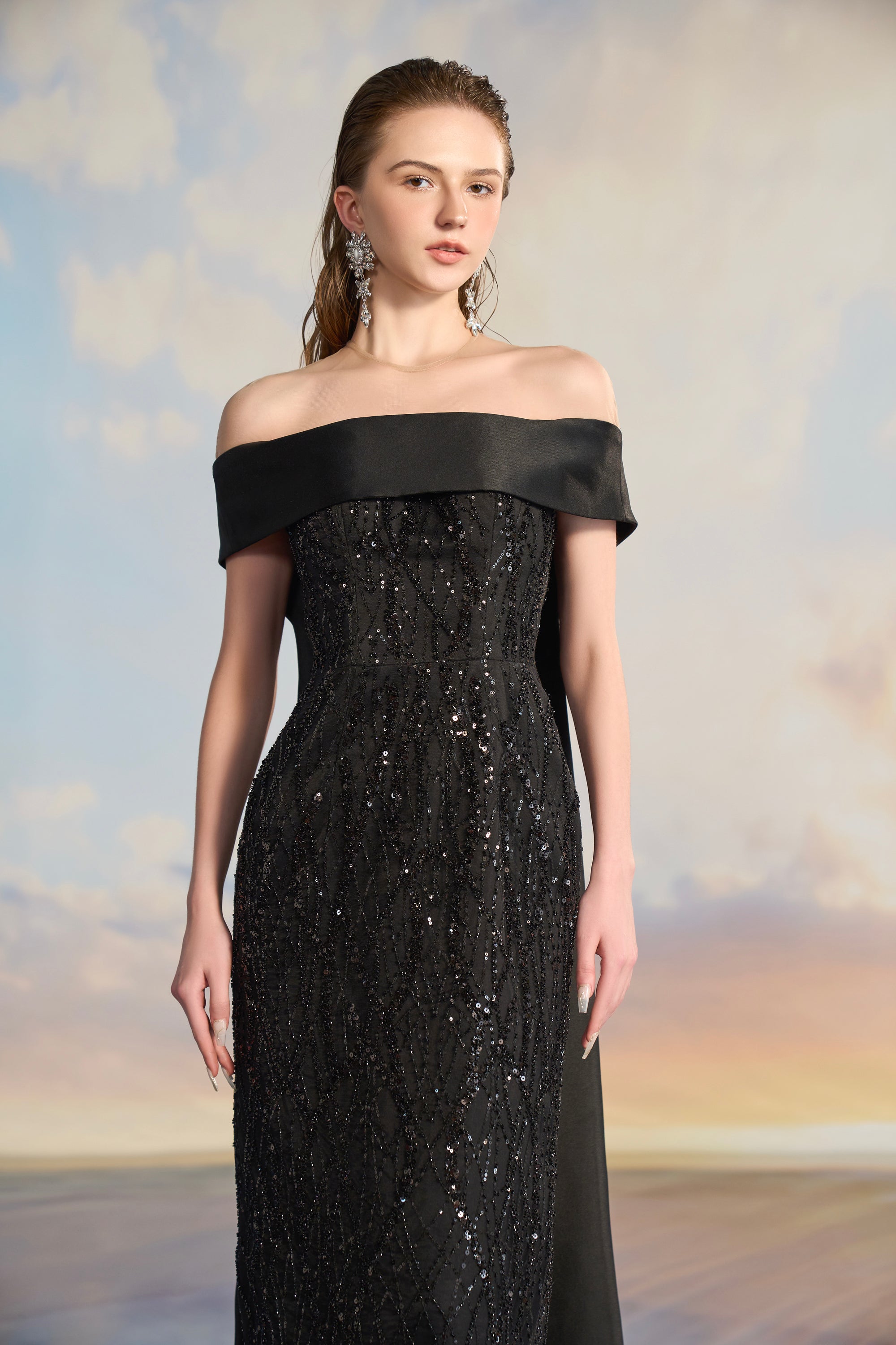 Jocelyn Crystal Lace off shoulder dress