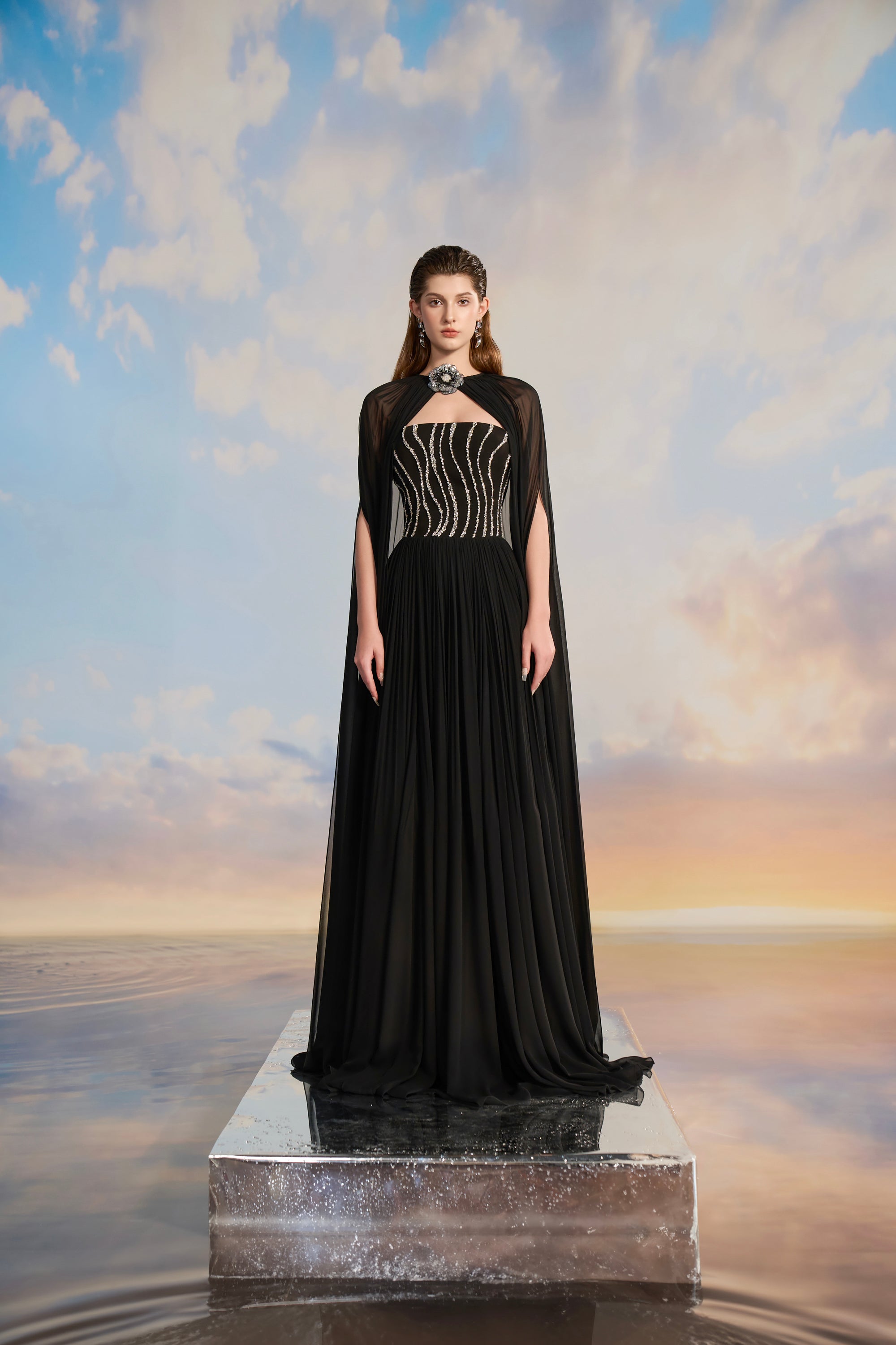 Almira Chiffon pleated dress with cape