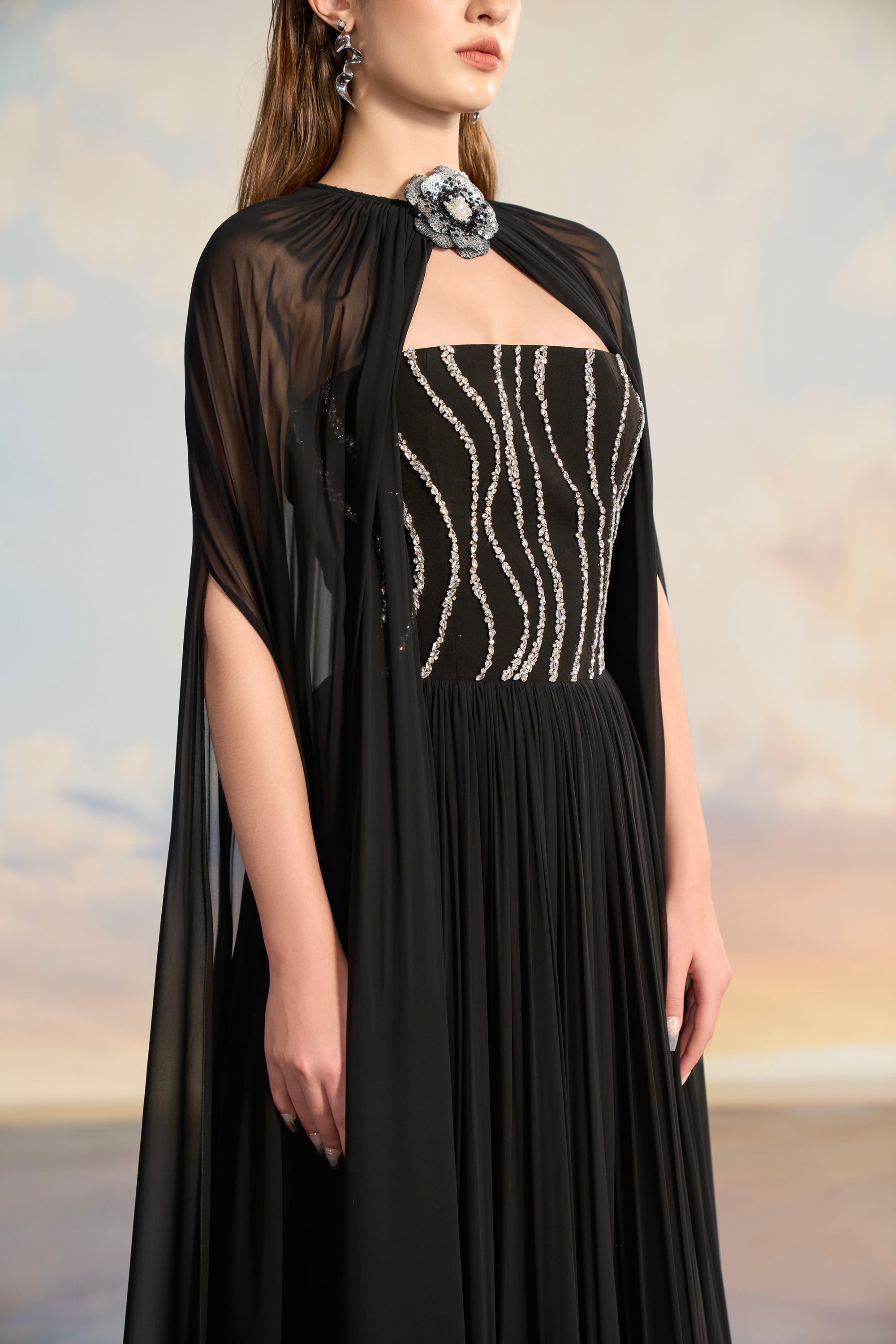 Almira Chiffon pleated dress with cape