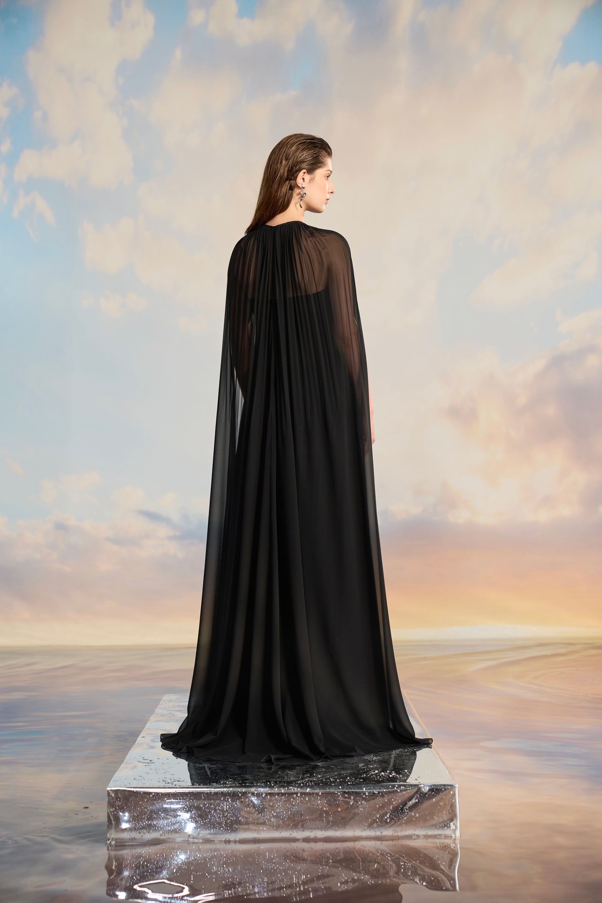 Almira Chiffon pleated dress with cape