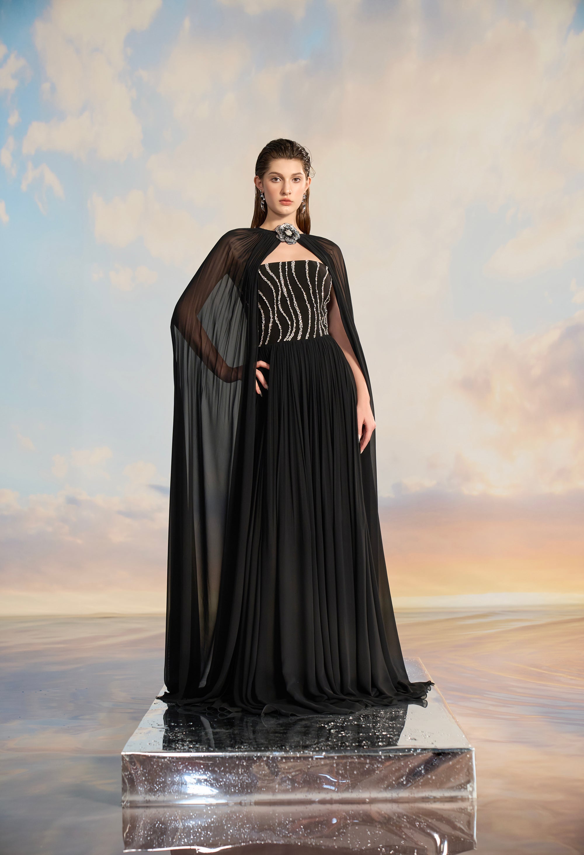 Almira Chiffon pleated dress with cape