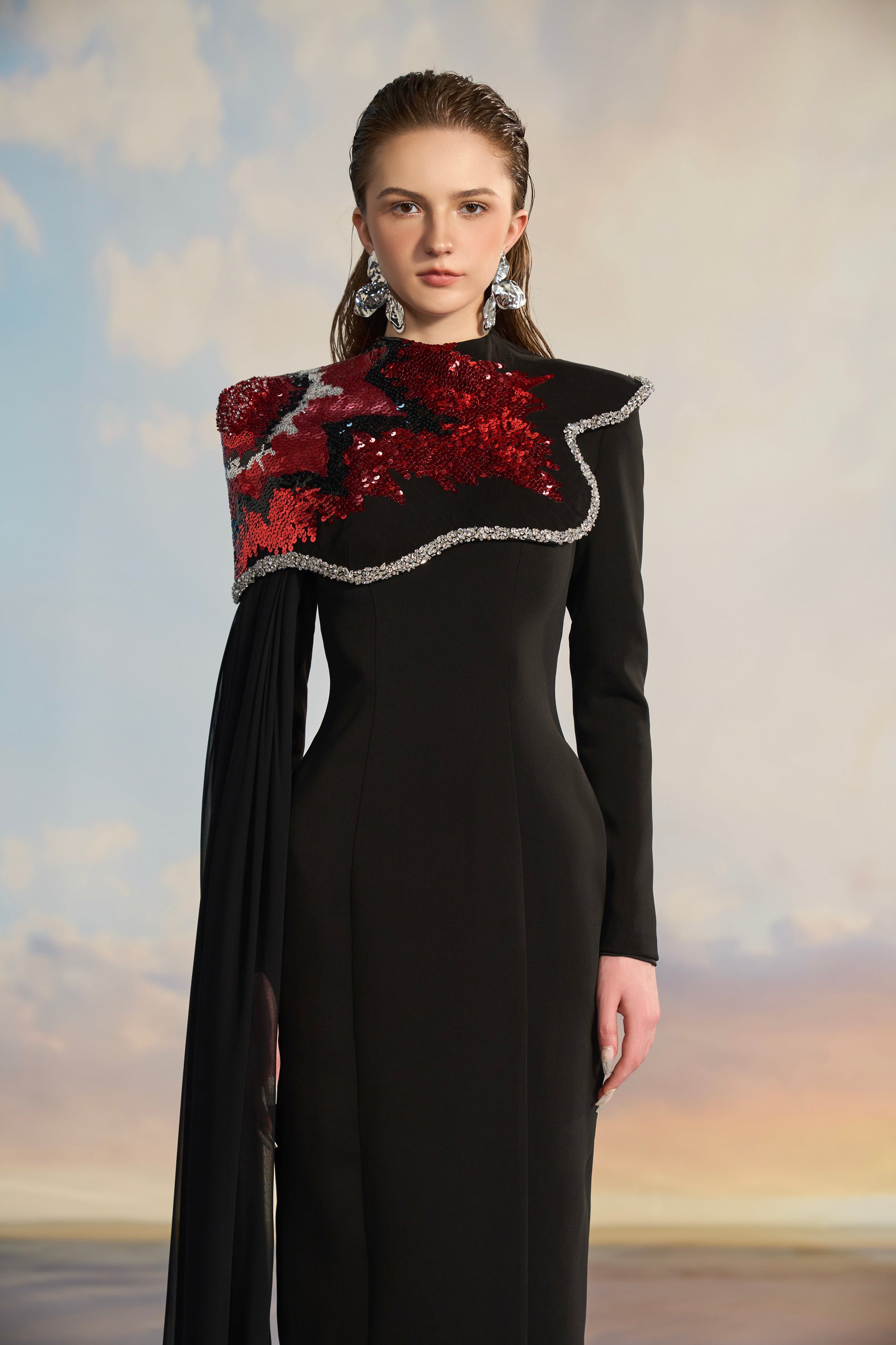 Keisha Crepe bodycon dress with cape