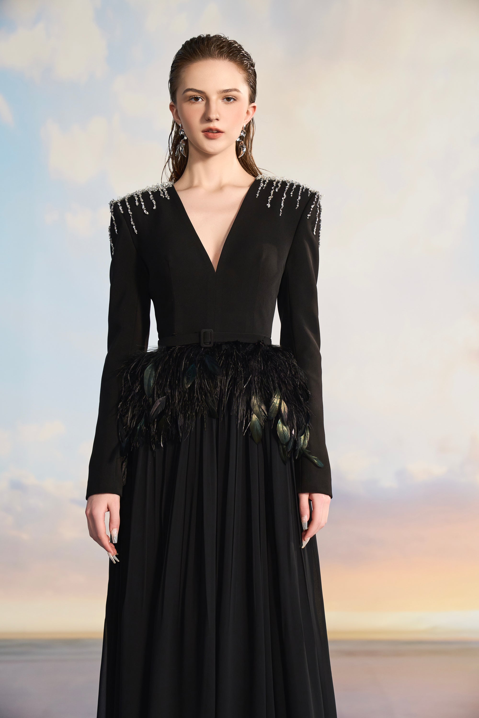 Victoria Crepe mixed Chiffon pleated dress