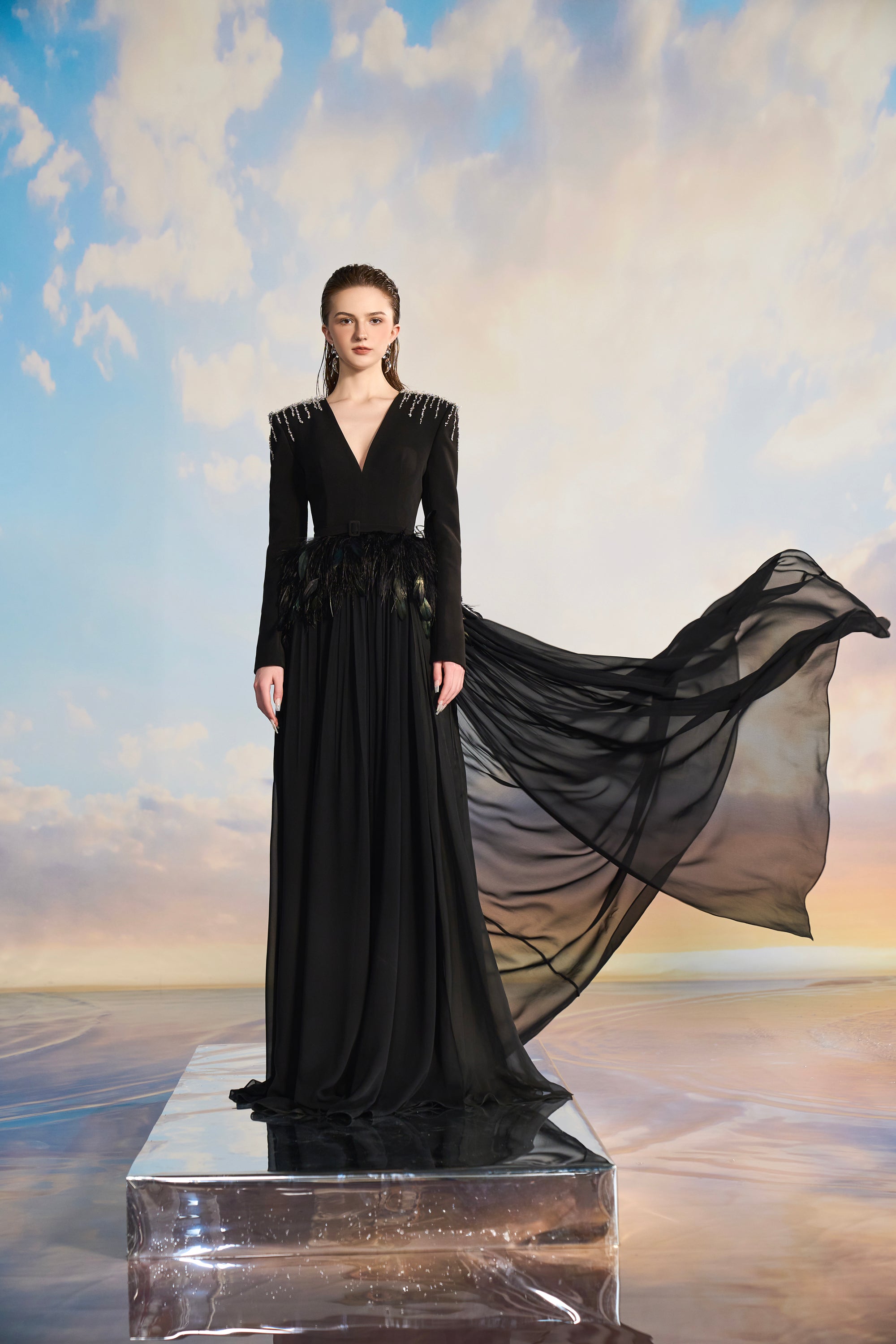 Victoria Crepe mixed Chiffon pleated dress