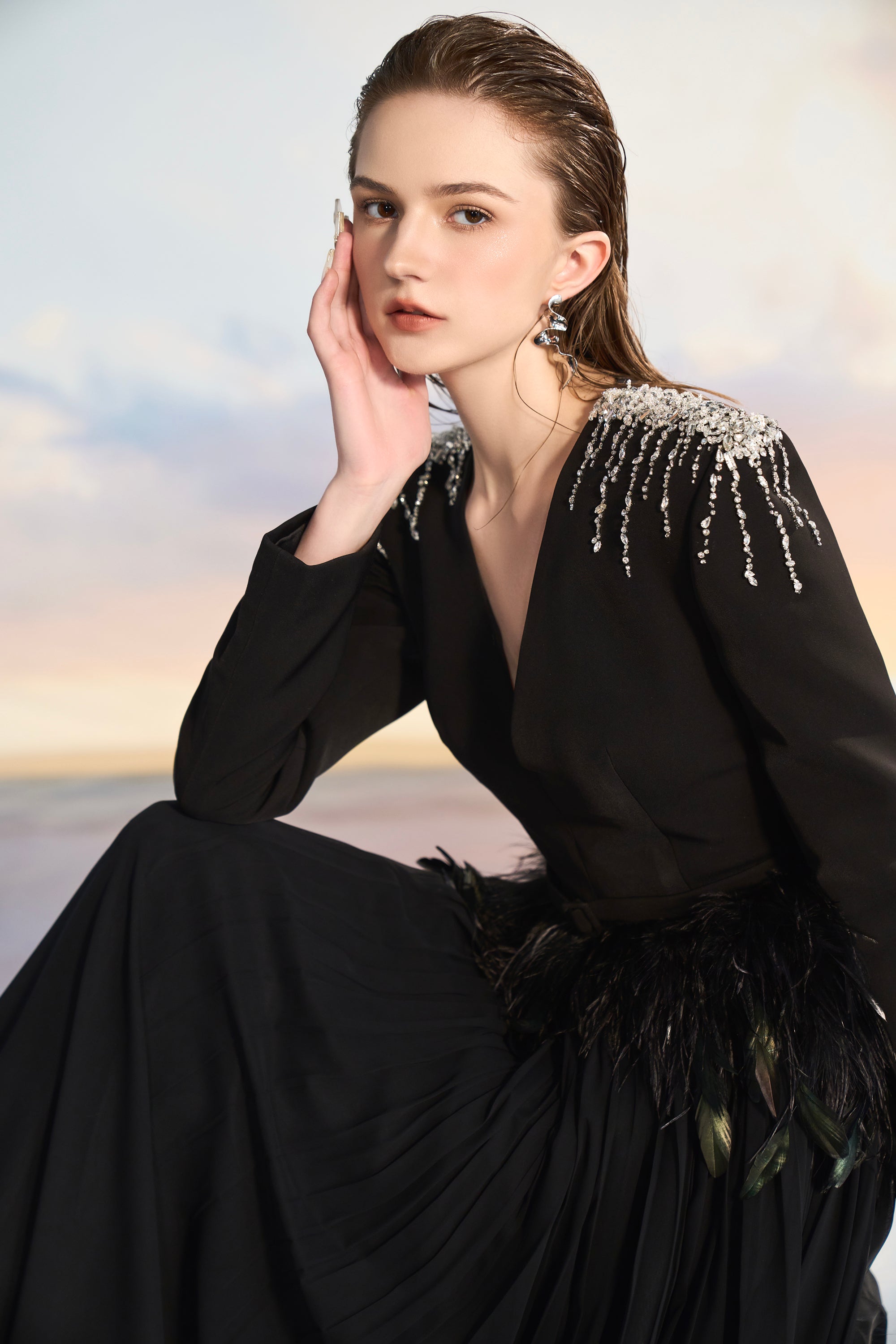 Victoria Crepe mixed Chiffon pleated dress