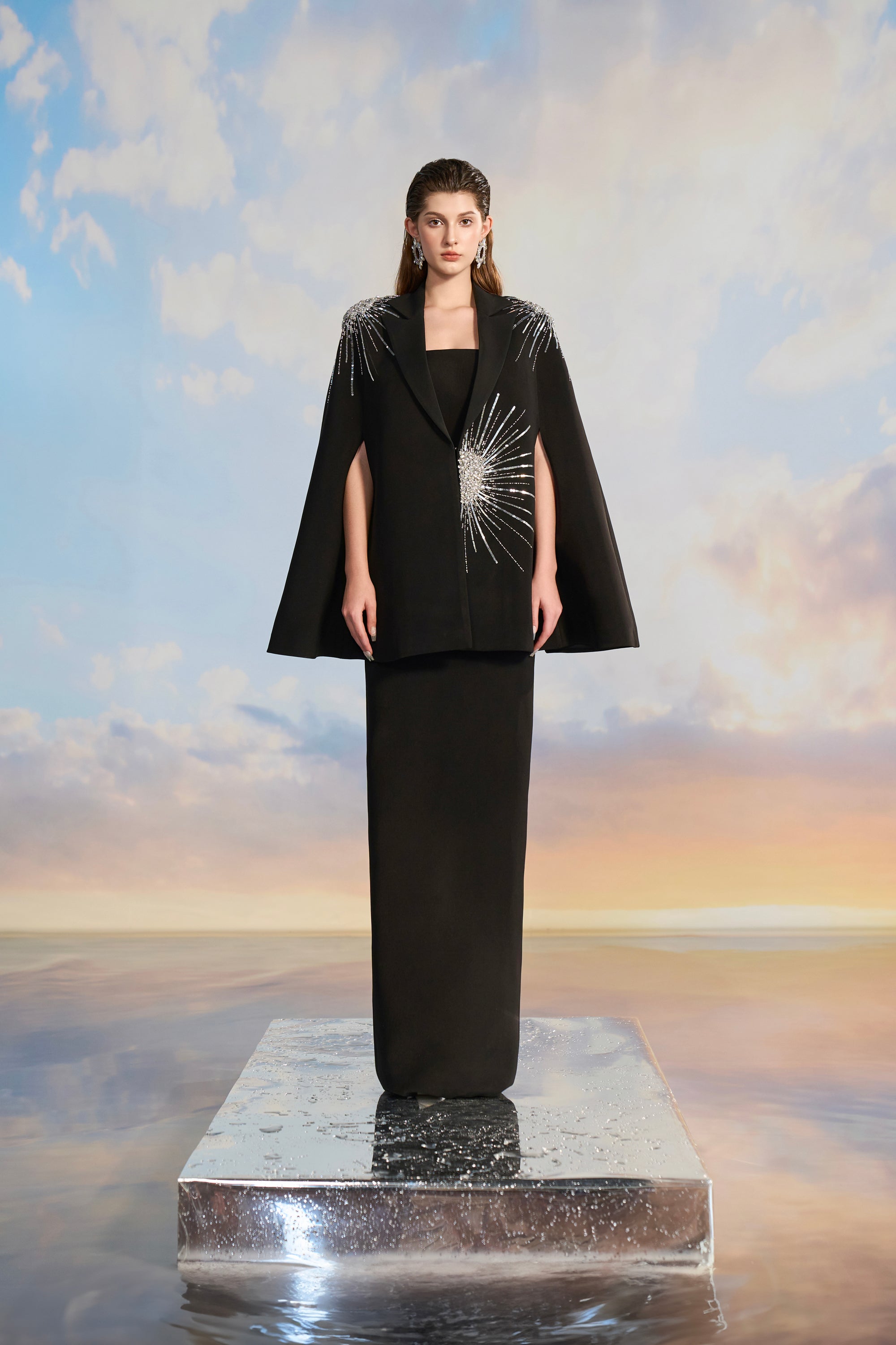 Aurora Crepe bodycon dress with cape