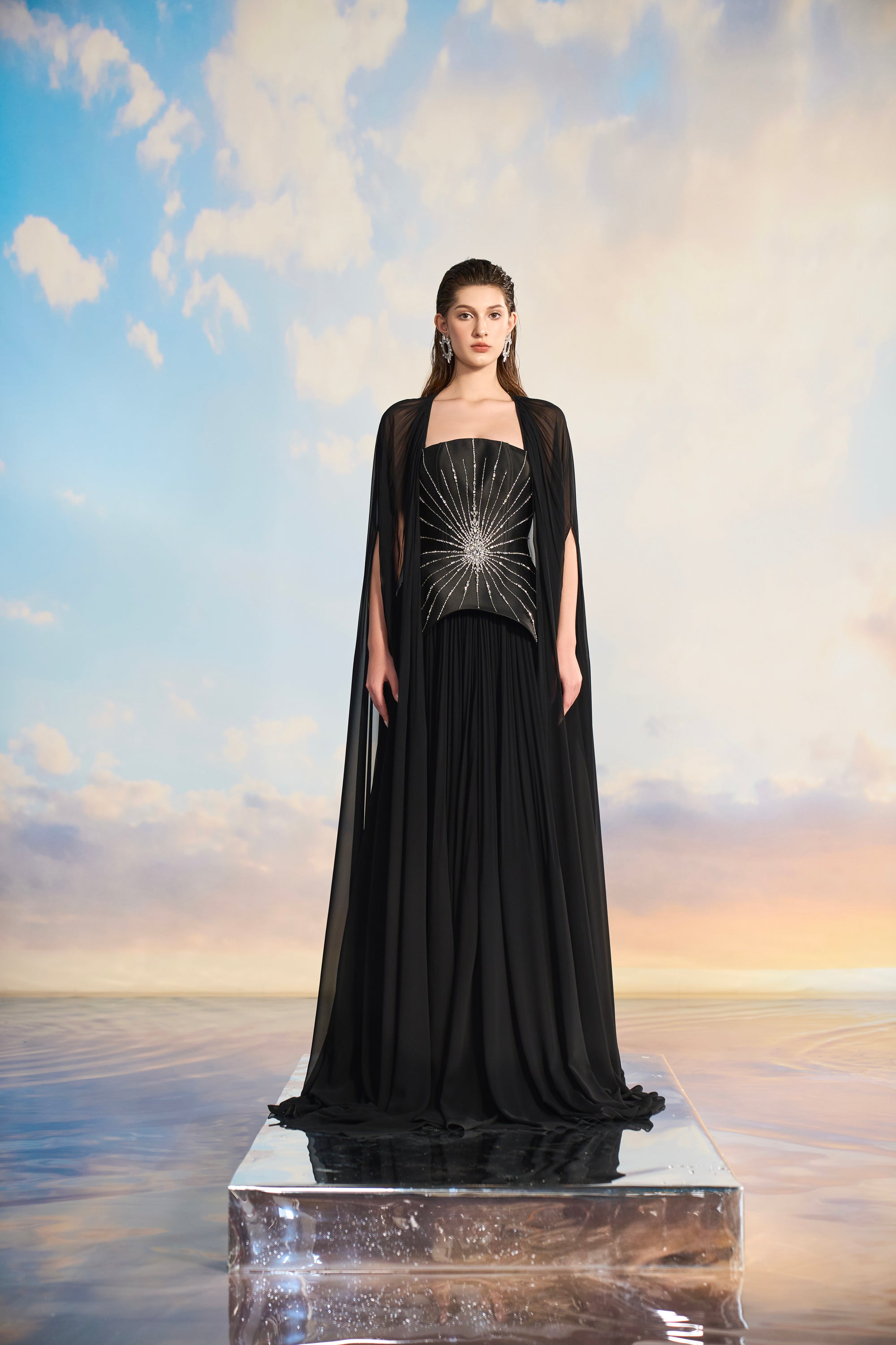 Rihanna Royal taffeta mixed Chiffon peplum dress with cape