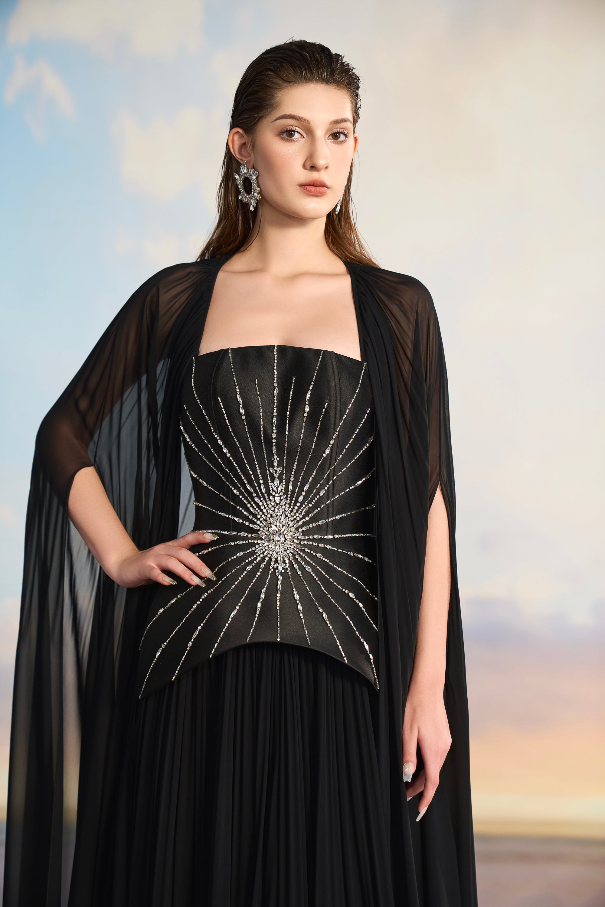 Rihanna Royal taffeta mixed Chiffon peplum dress with cape