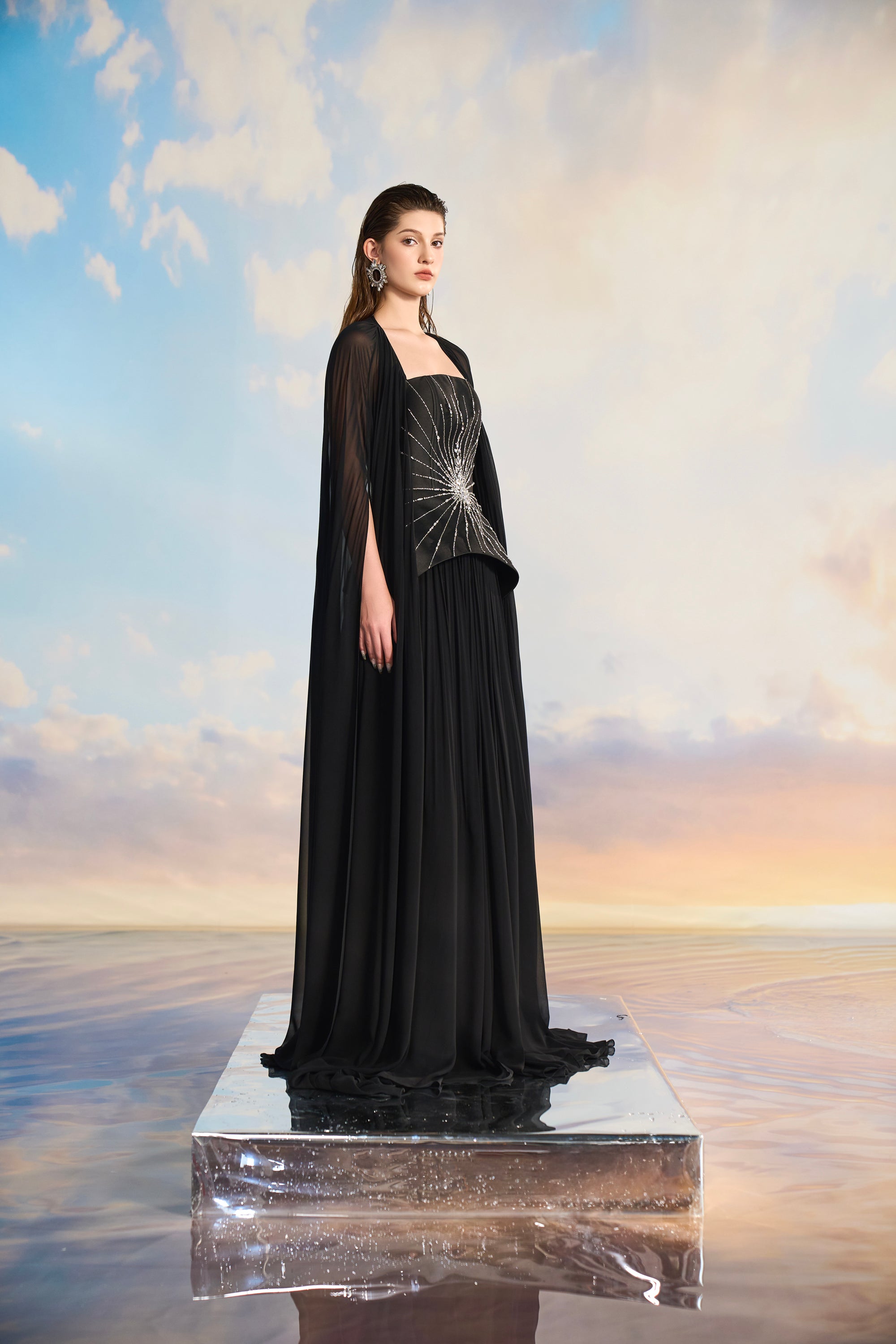 Rihanna Royal taffeta mixed Chiffon peplum dress with cape