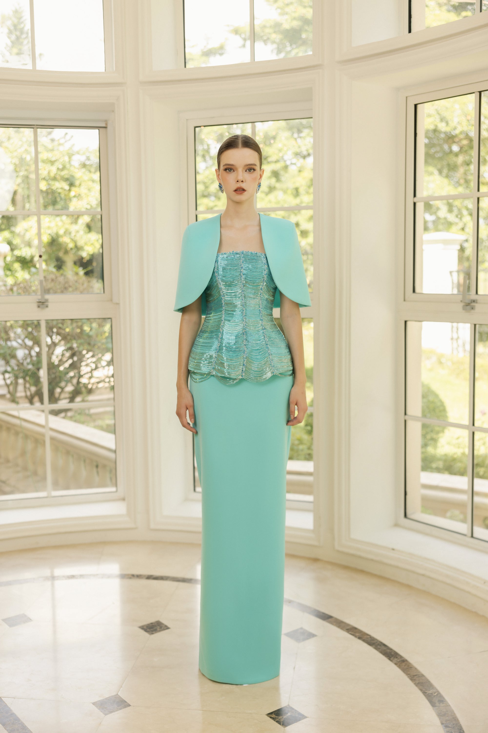 Odette crepe dress with Pauline crepe cape