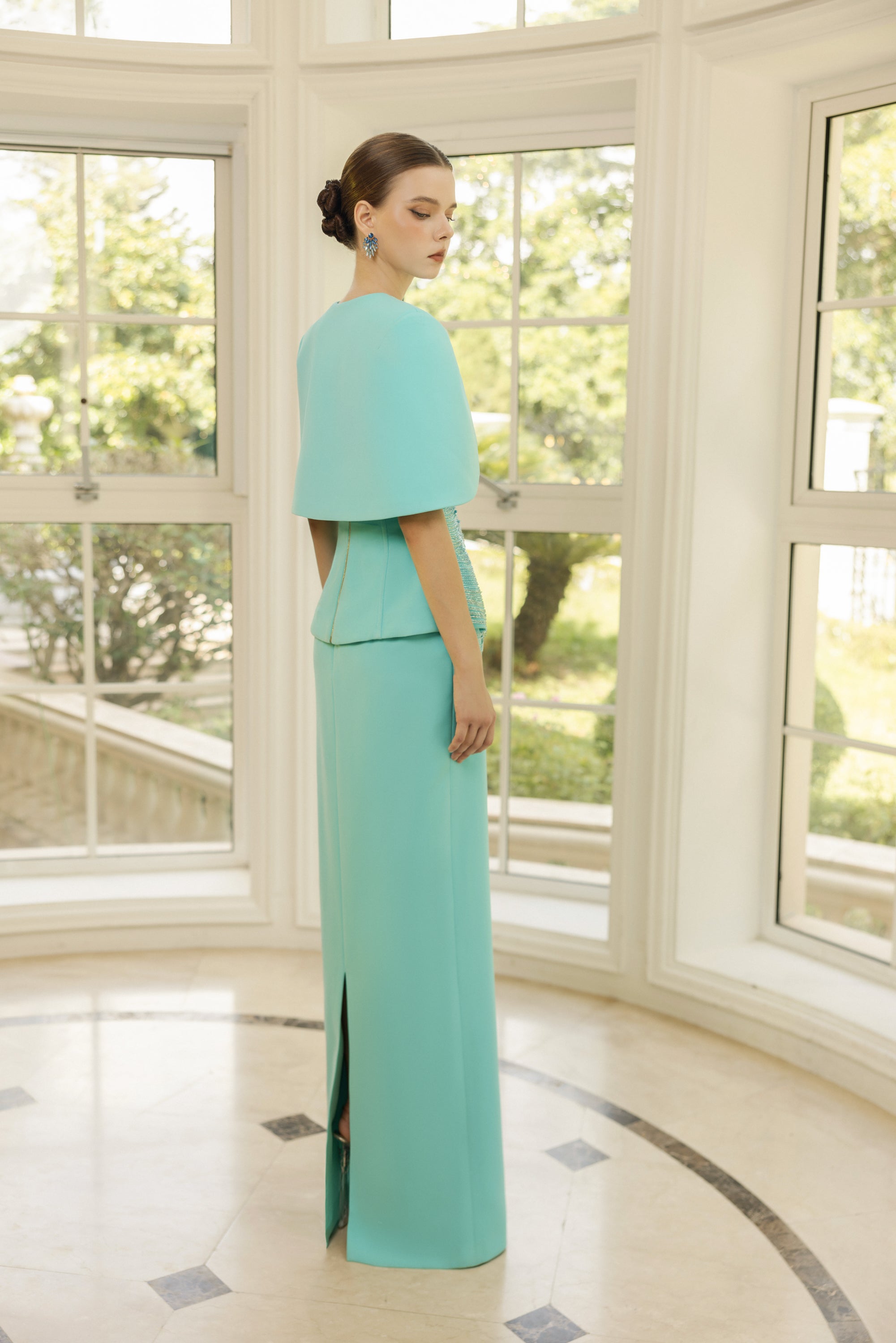 Odette crepe dress with Pauline crepe cape