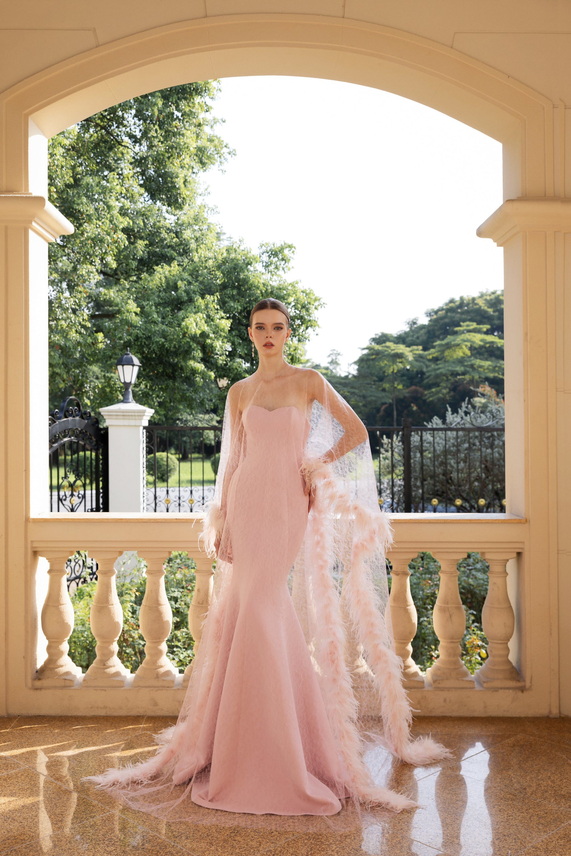 Hélène Crepe Dress with Laurence Tulle Cape