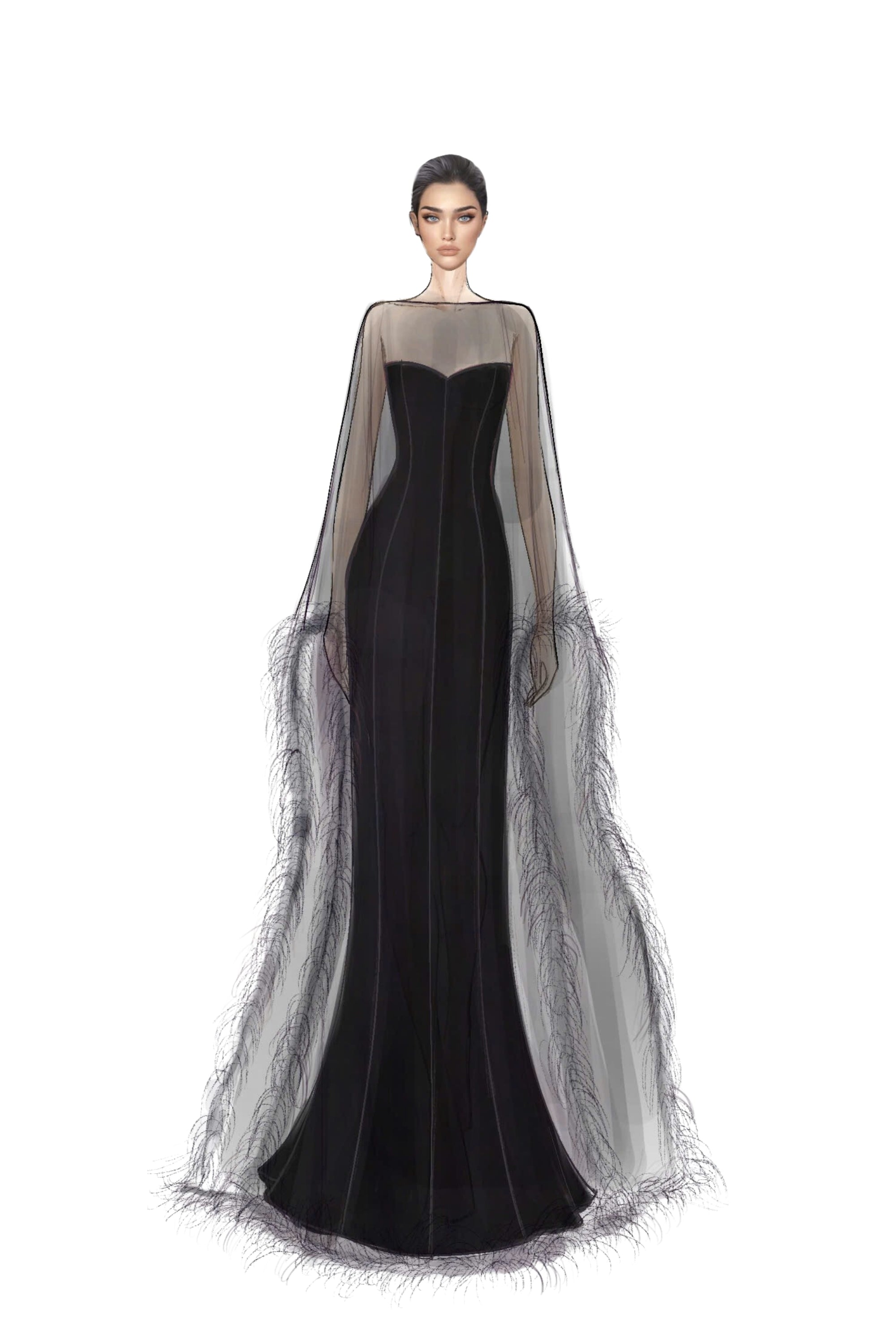 Hélène Crepe Dress with Laurence Tulle Cape