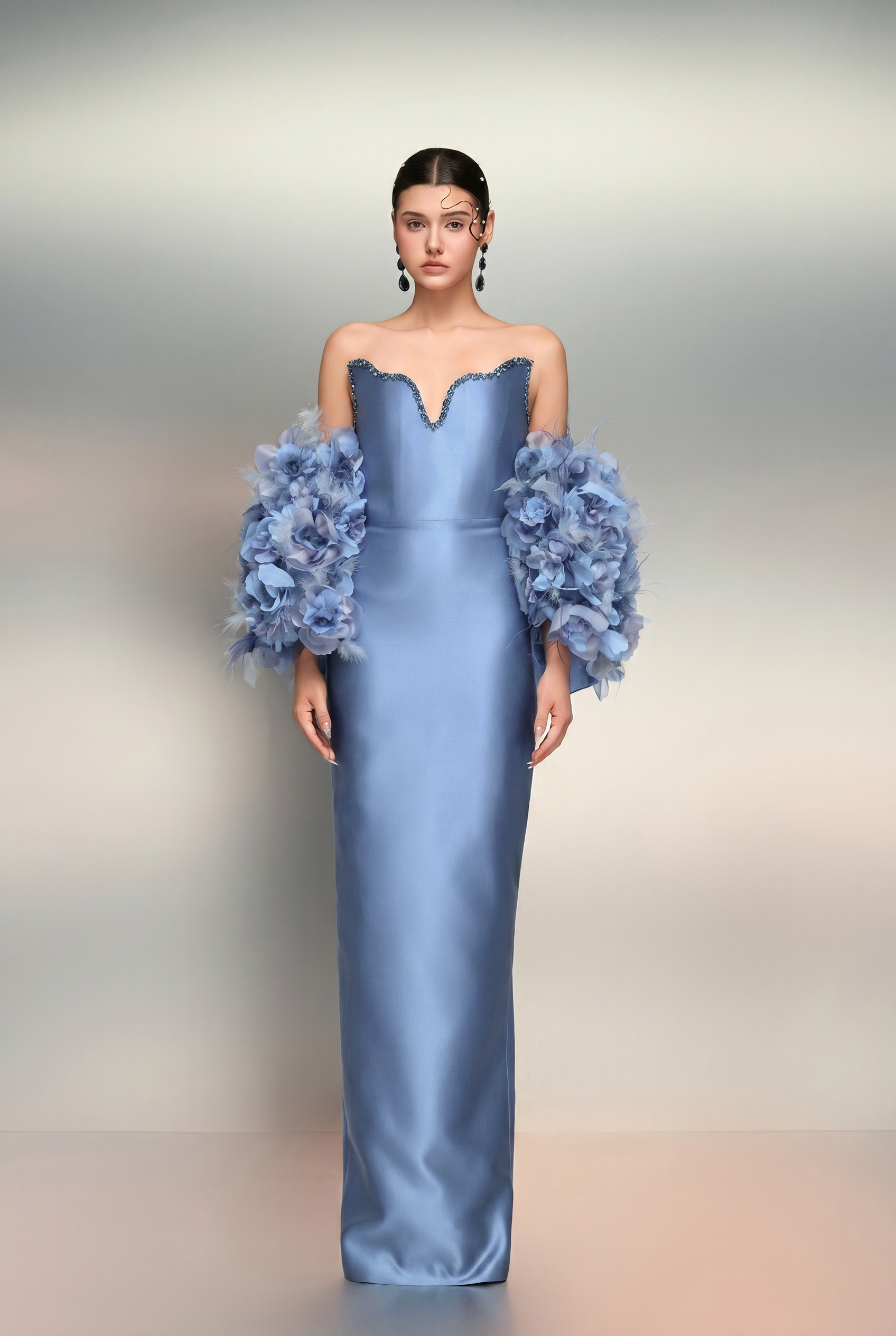 Noora royal taffeta dress & Hanan feather and royal taffeta cape