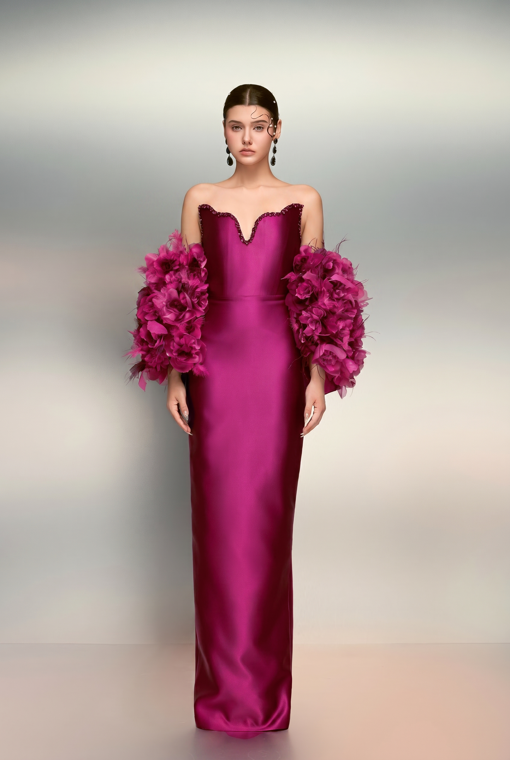 Noora royal taffeta dress & Hanan feather and royal taffeta cape