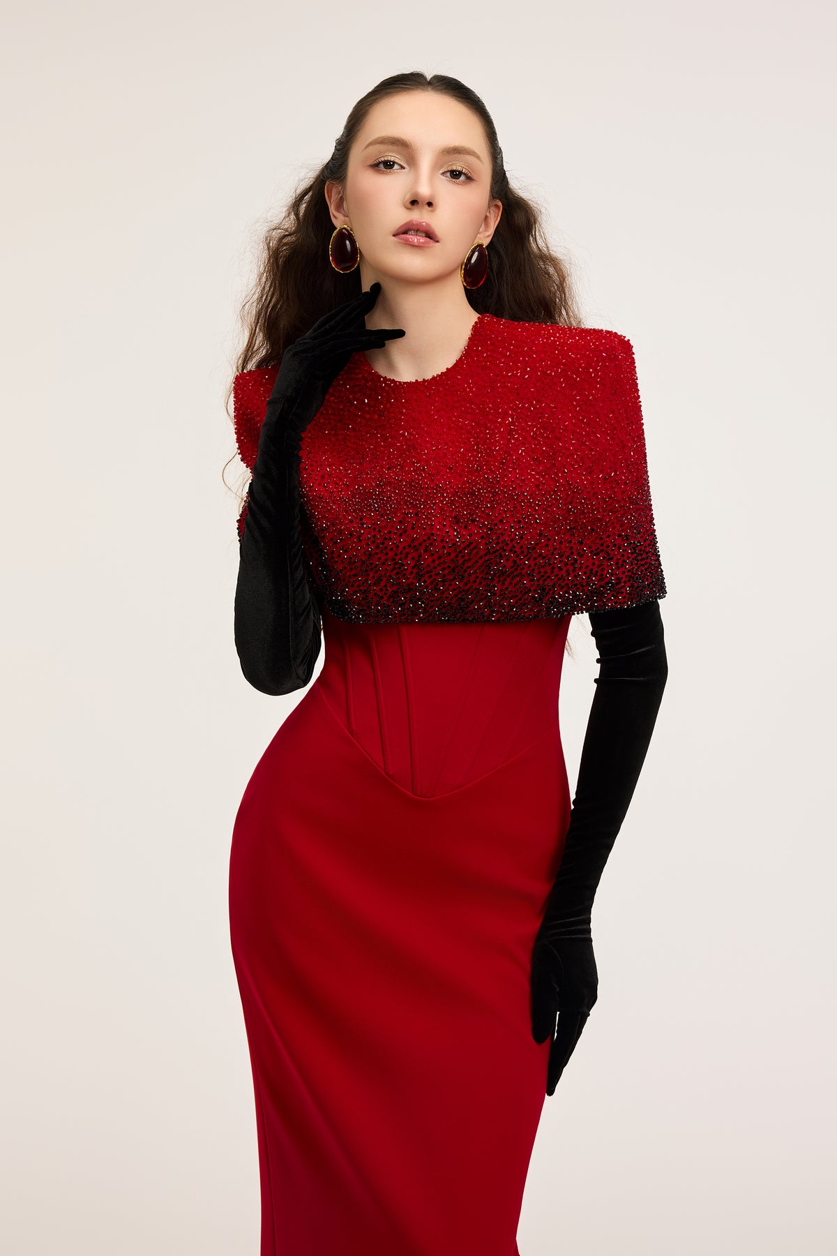 Elira Crepe dress and Velvet Gloves