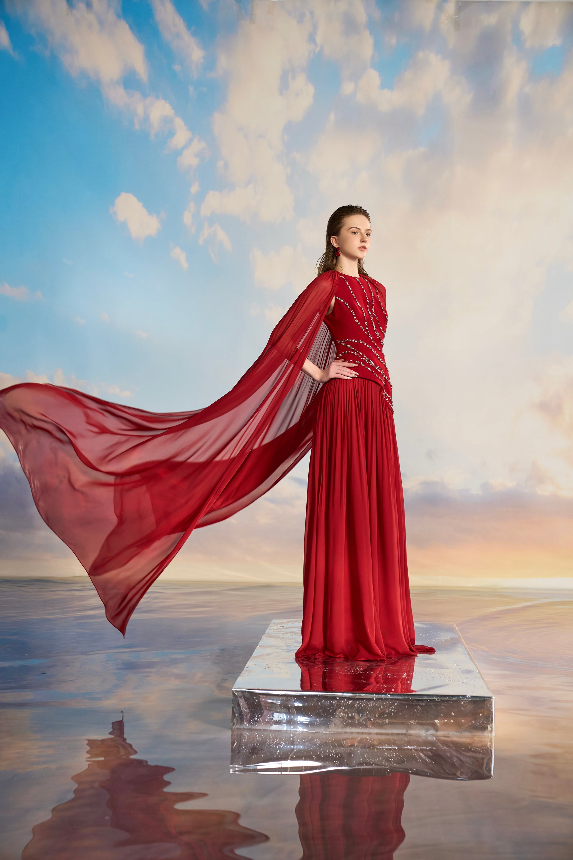 Kerenza Crepe mixed Chiffon pleated dress