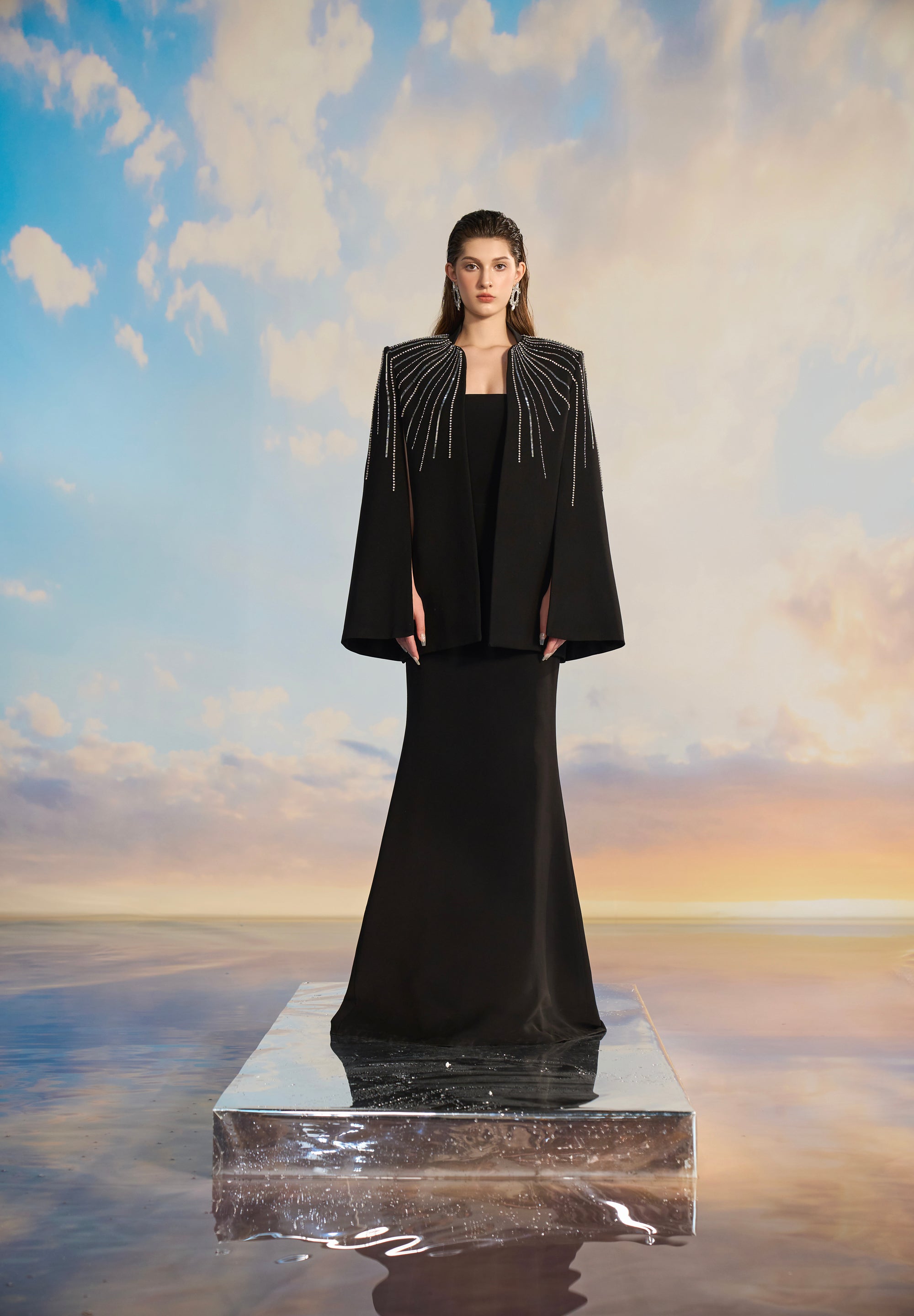 Louisa Crepe Fishtail dress with cape