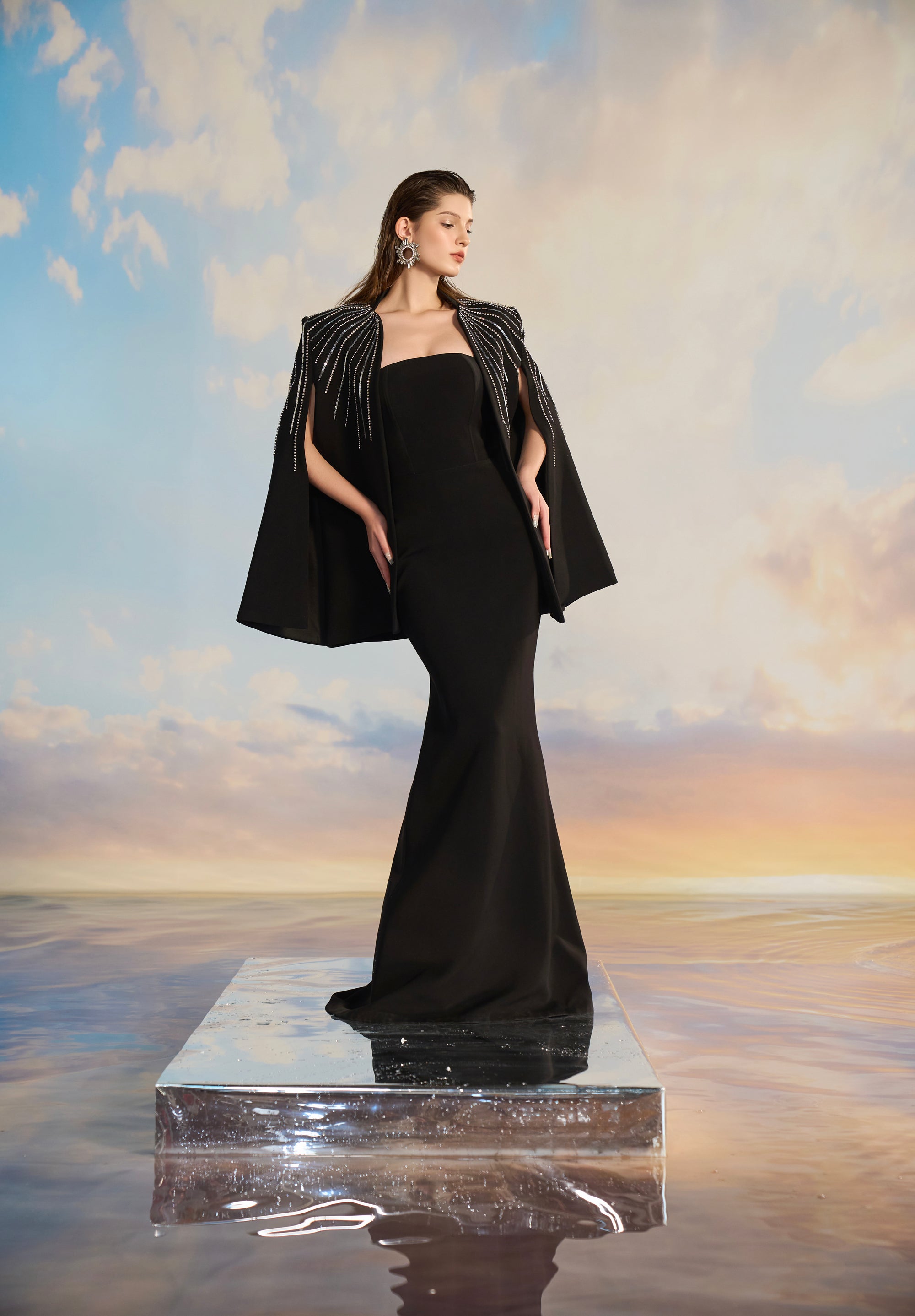 Louisa Crepe Fishtail dress with cape