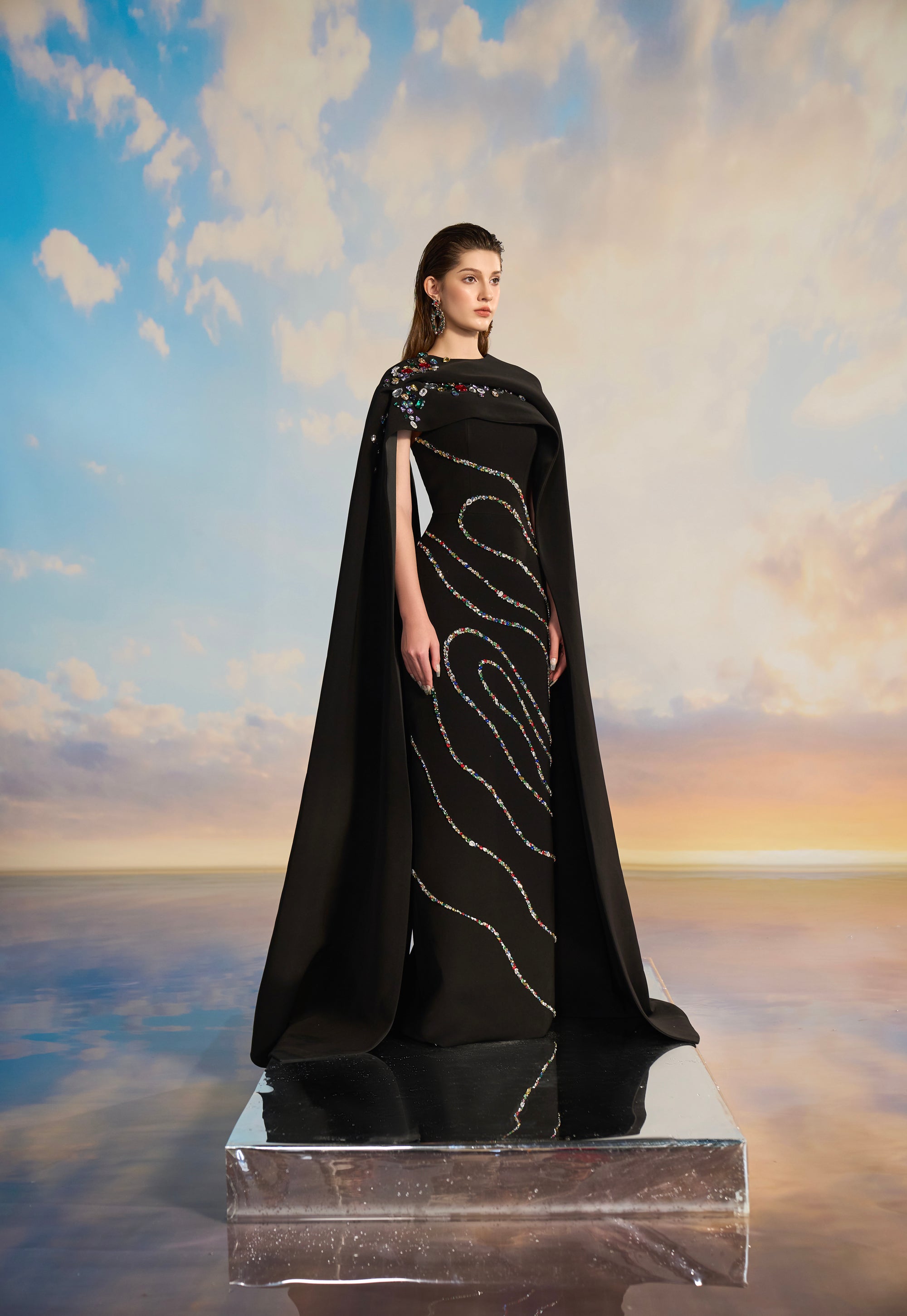 Calliope Crepe bodycon dress with cape