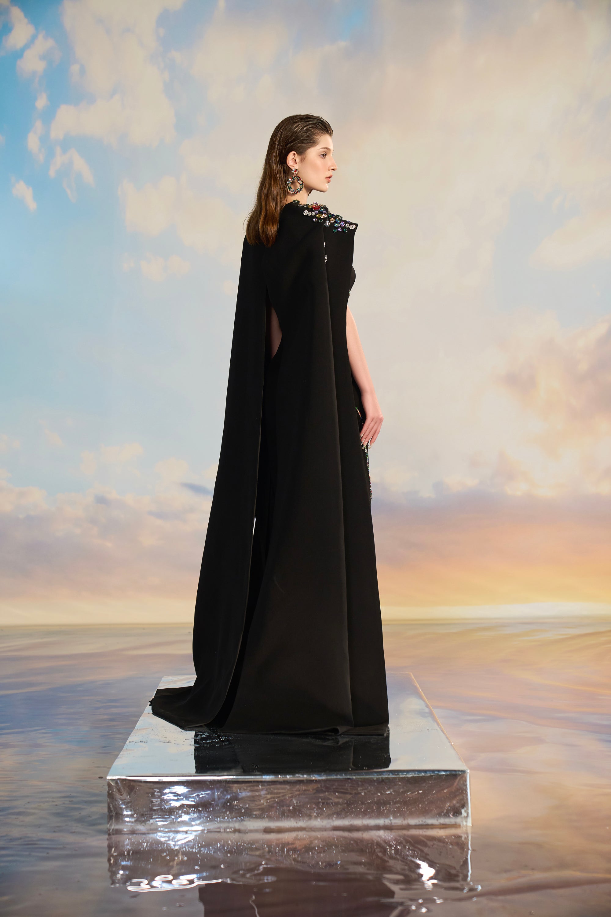 Calliope Crepe bodycon dress with cape