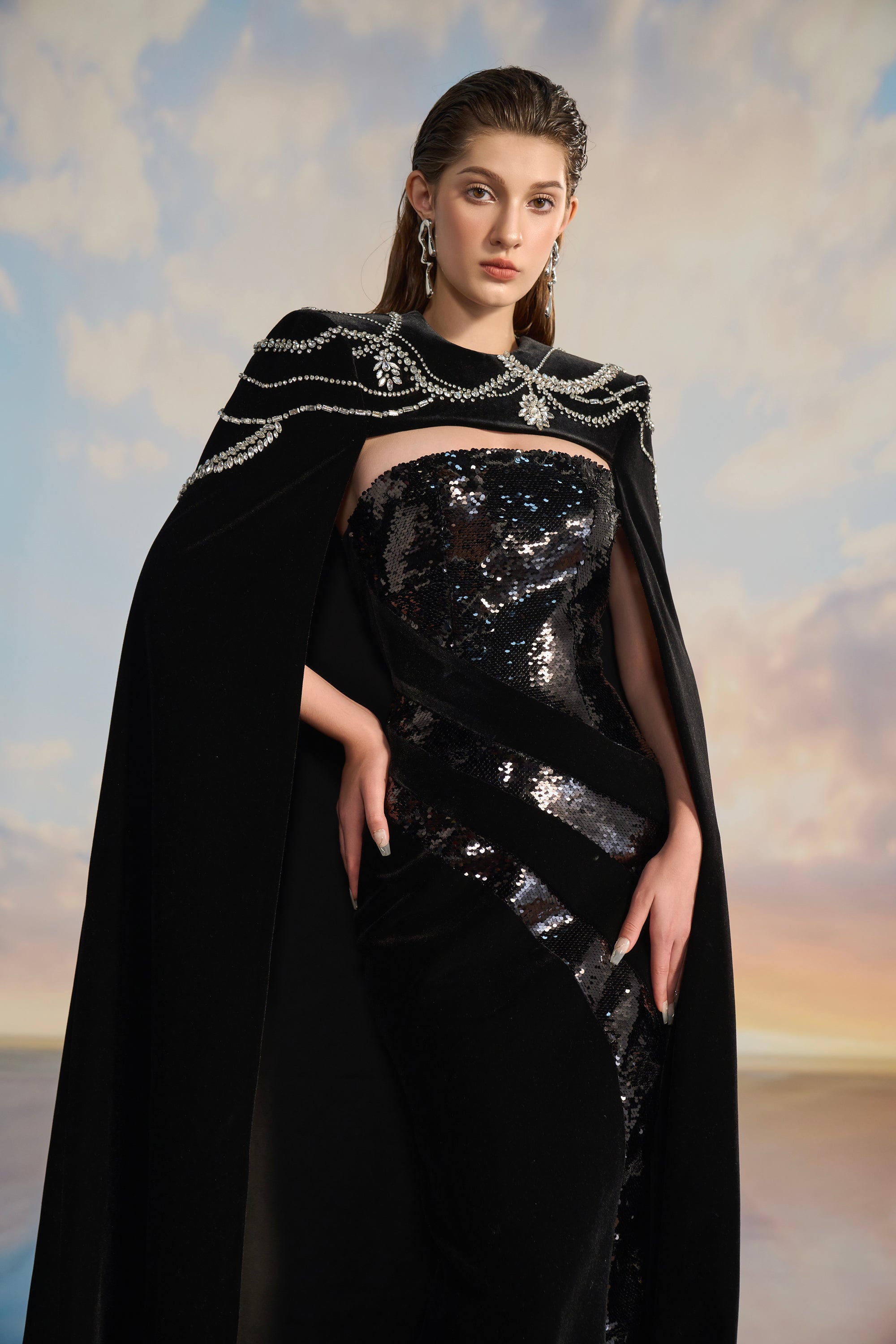 Charlotte Velvet flow sequins dress with cape