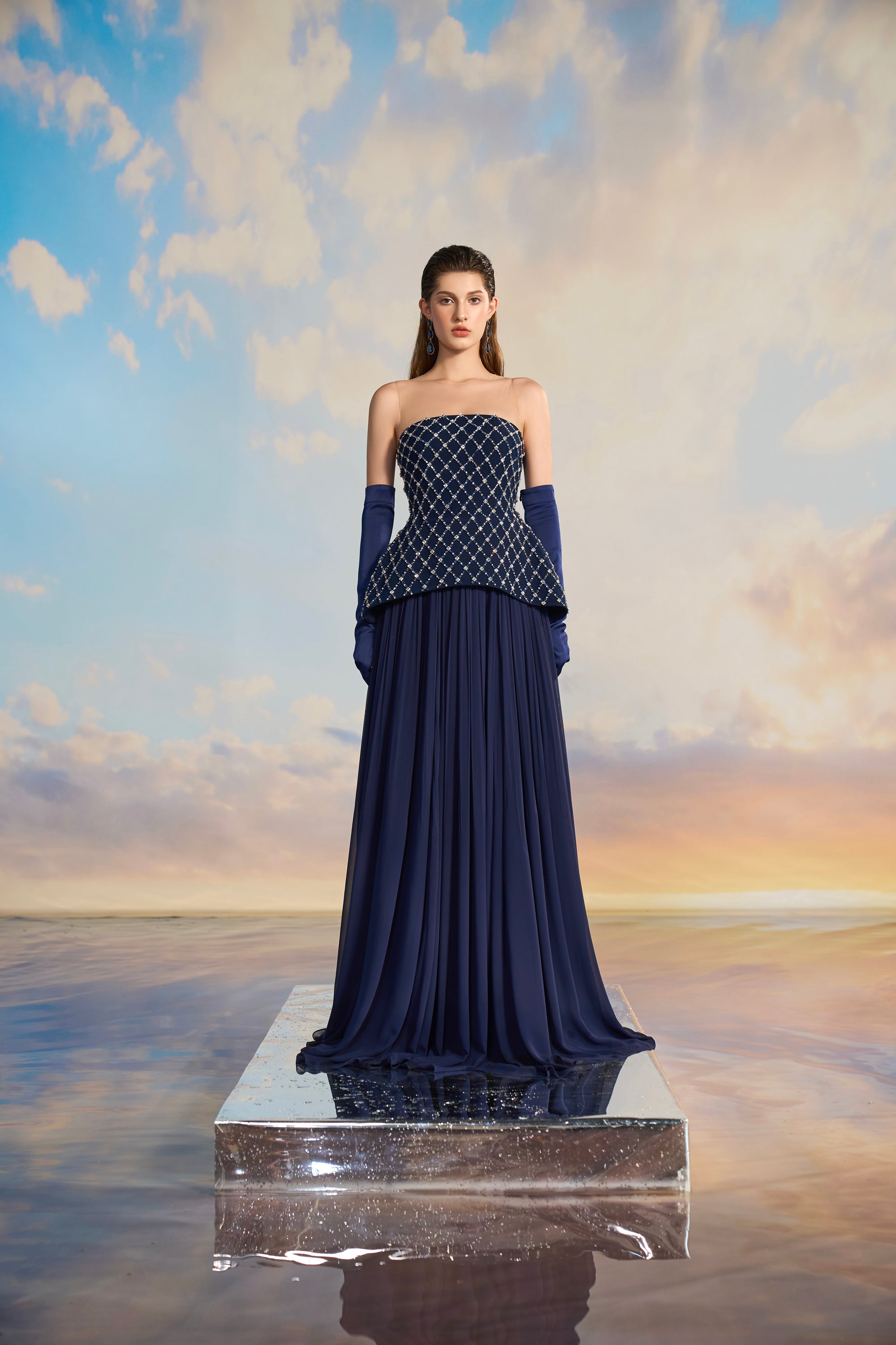 Taylor Crepe mixed Chiffon Flared dress