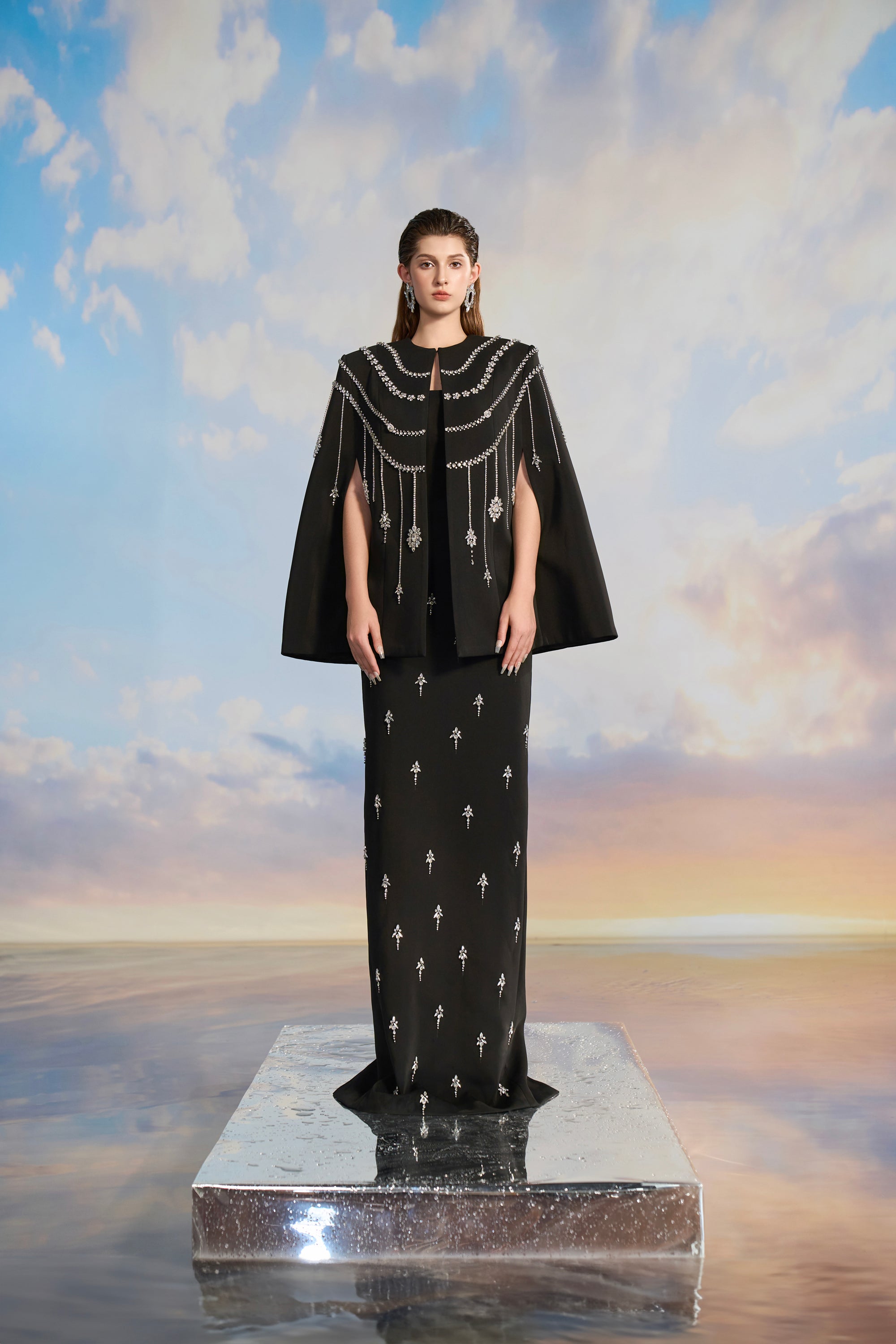 Andrea Crepe chest cup dress with cape