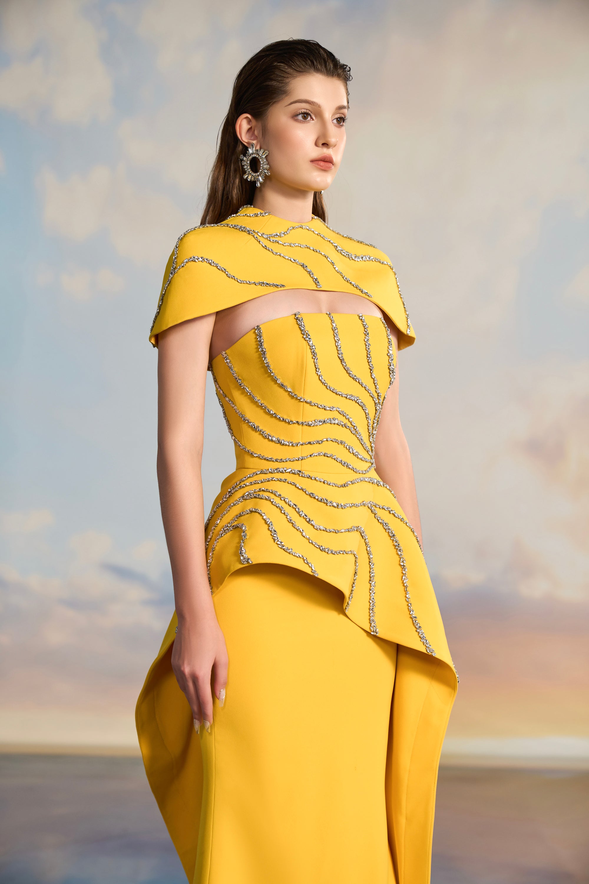 Alana Crepe fishtail dress with cape