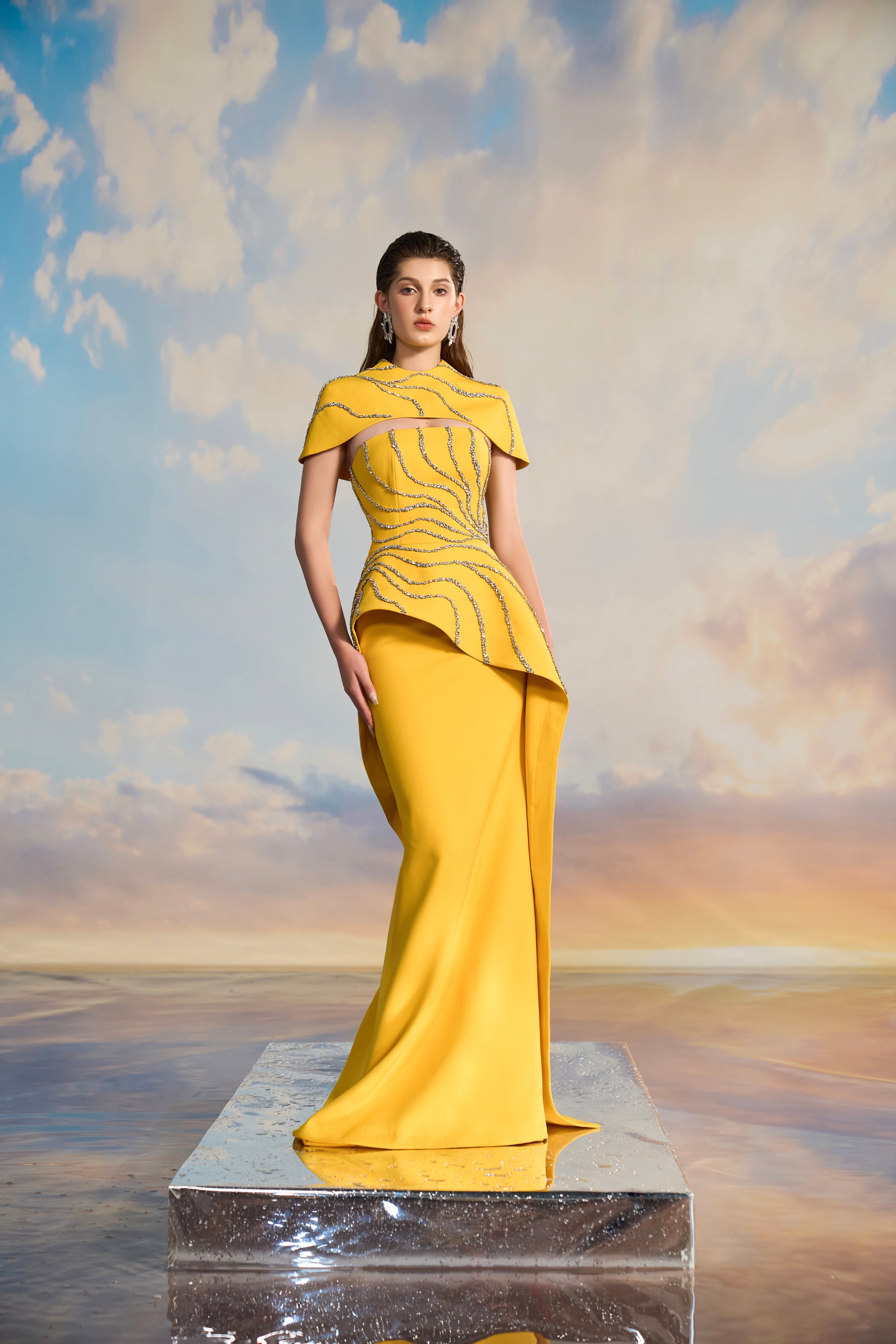 Alana Crepe fishtail dress with cape