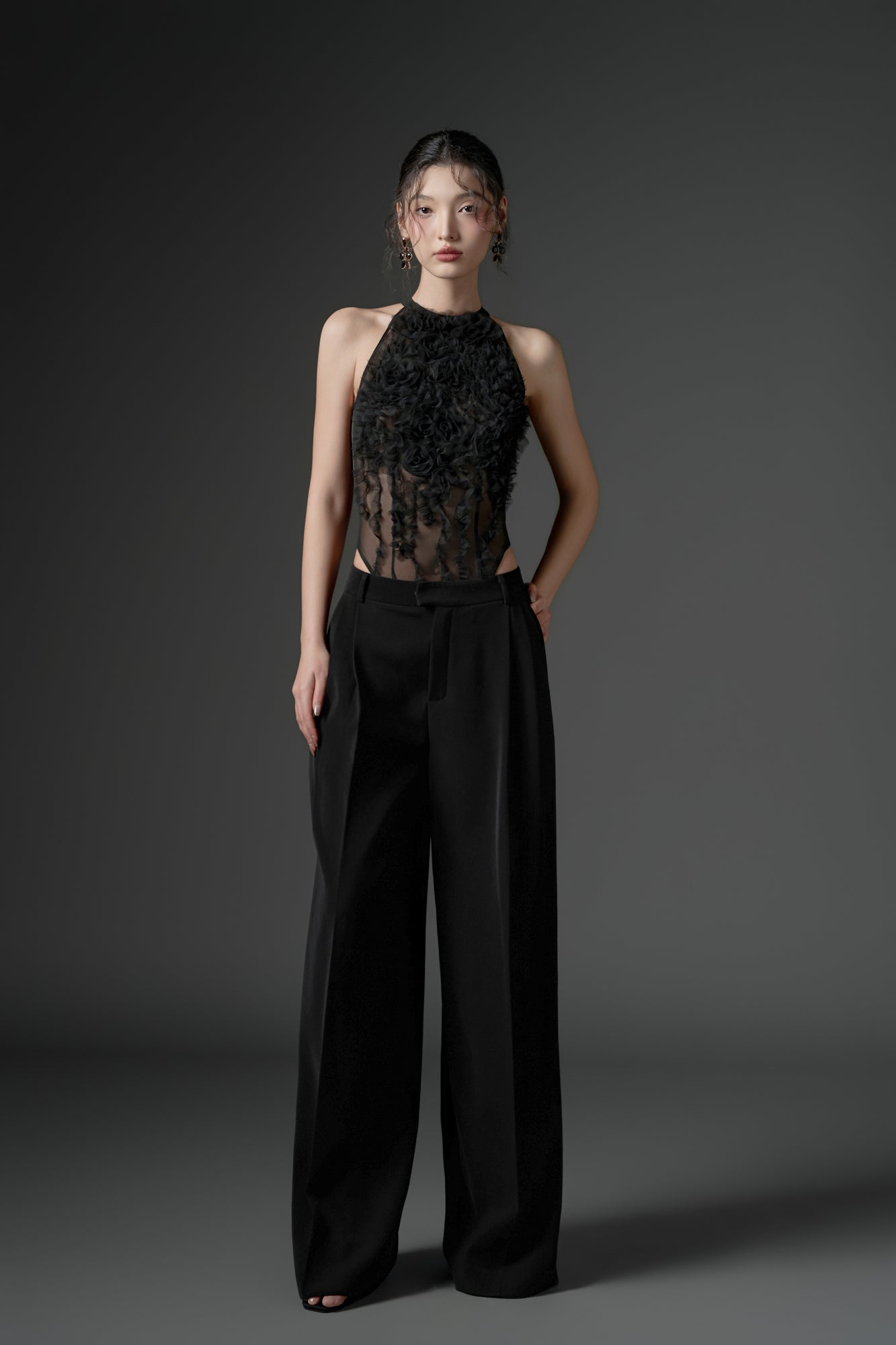 Jambari tulle ruffles top with crepe straight pants