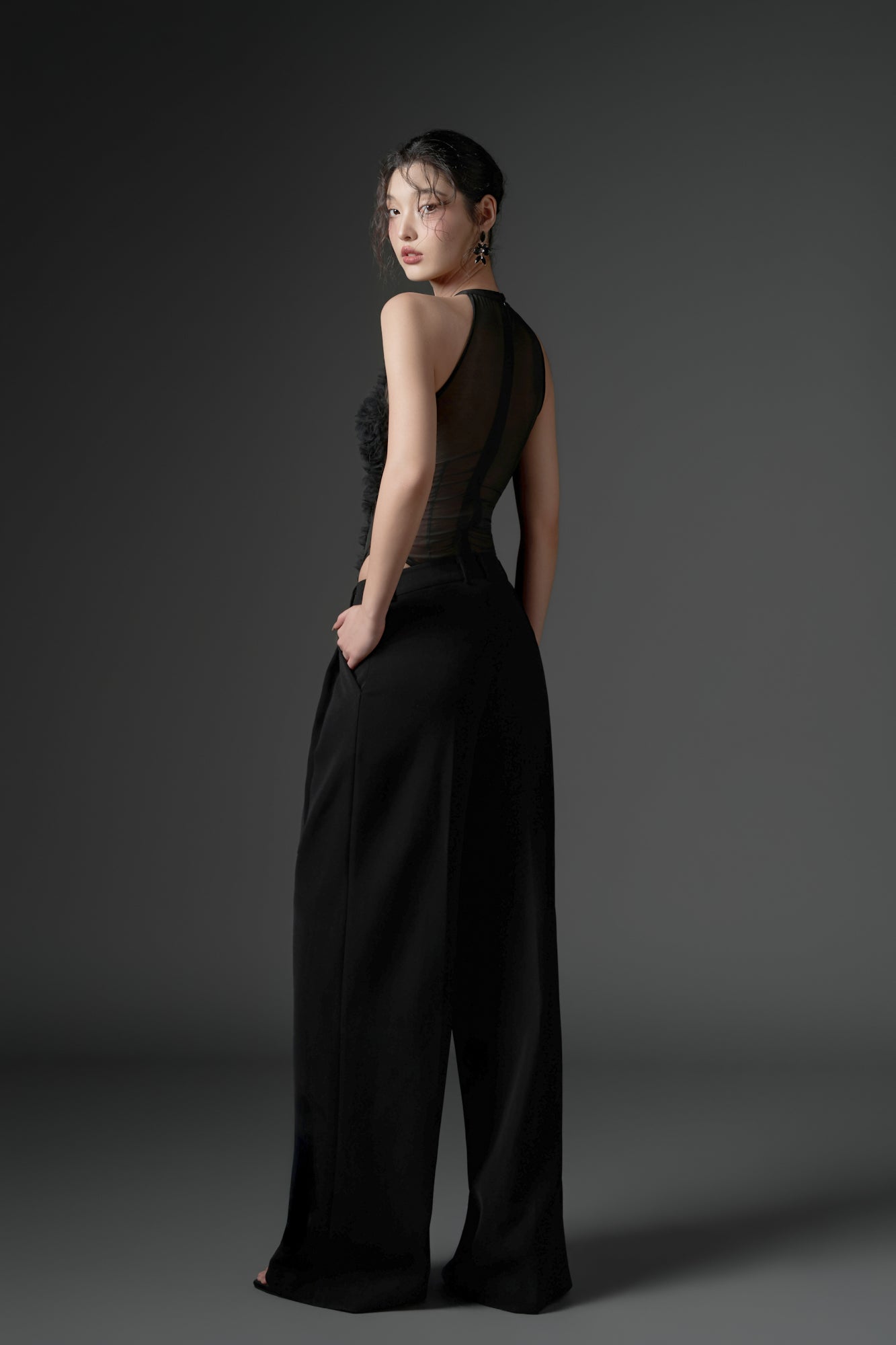 Jambari tulle ruffles top with crepe straight pants