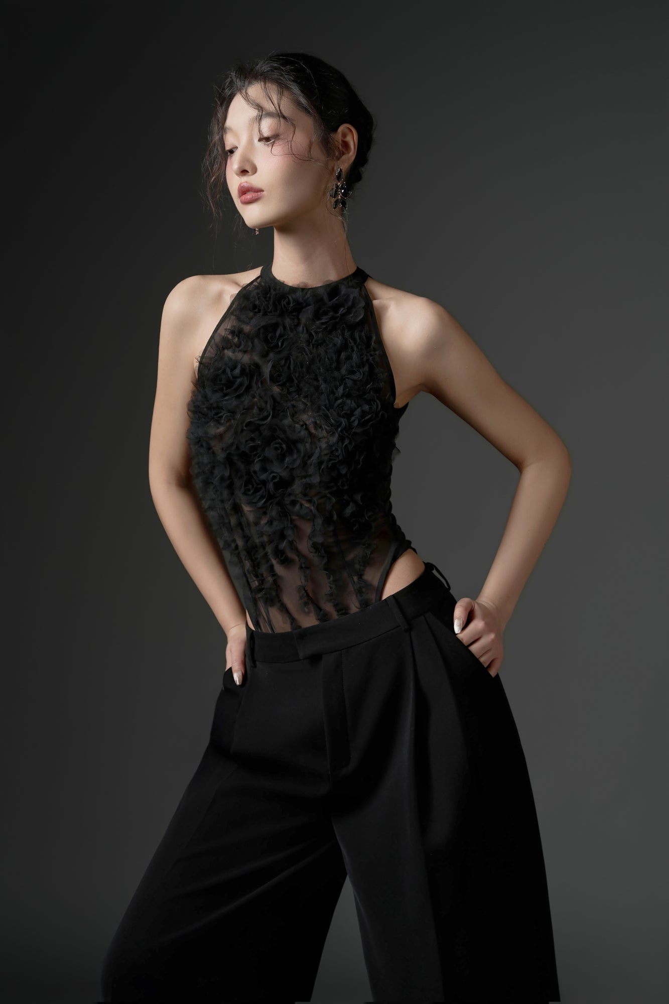 Jambari tulle ruffles top with crepe straight pants