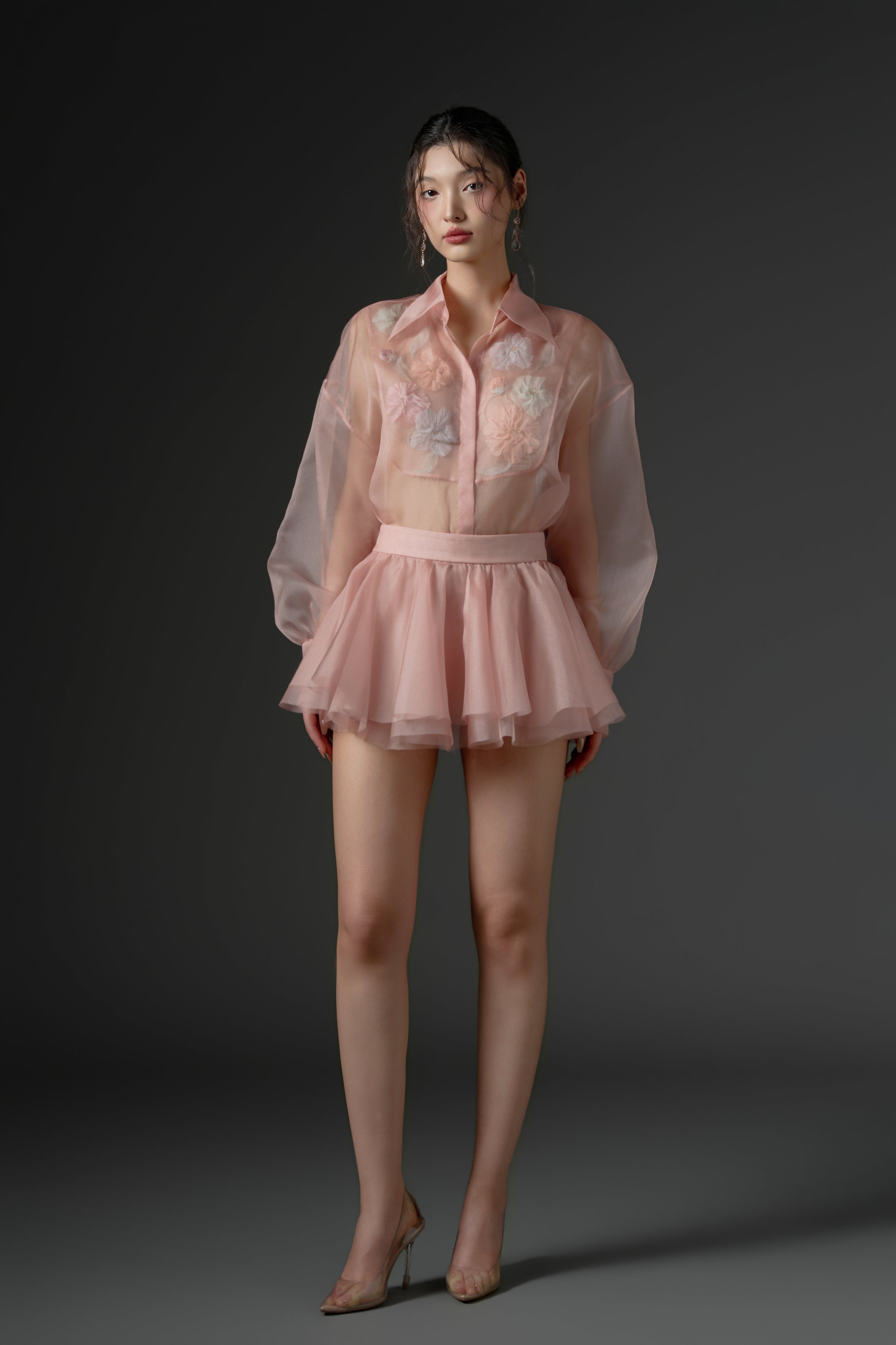 Timsah organza flower shirt with Zarafa organza pleated skirt