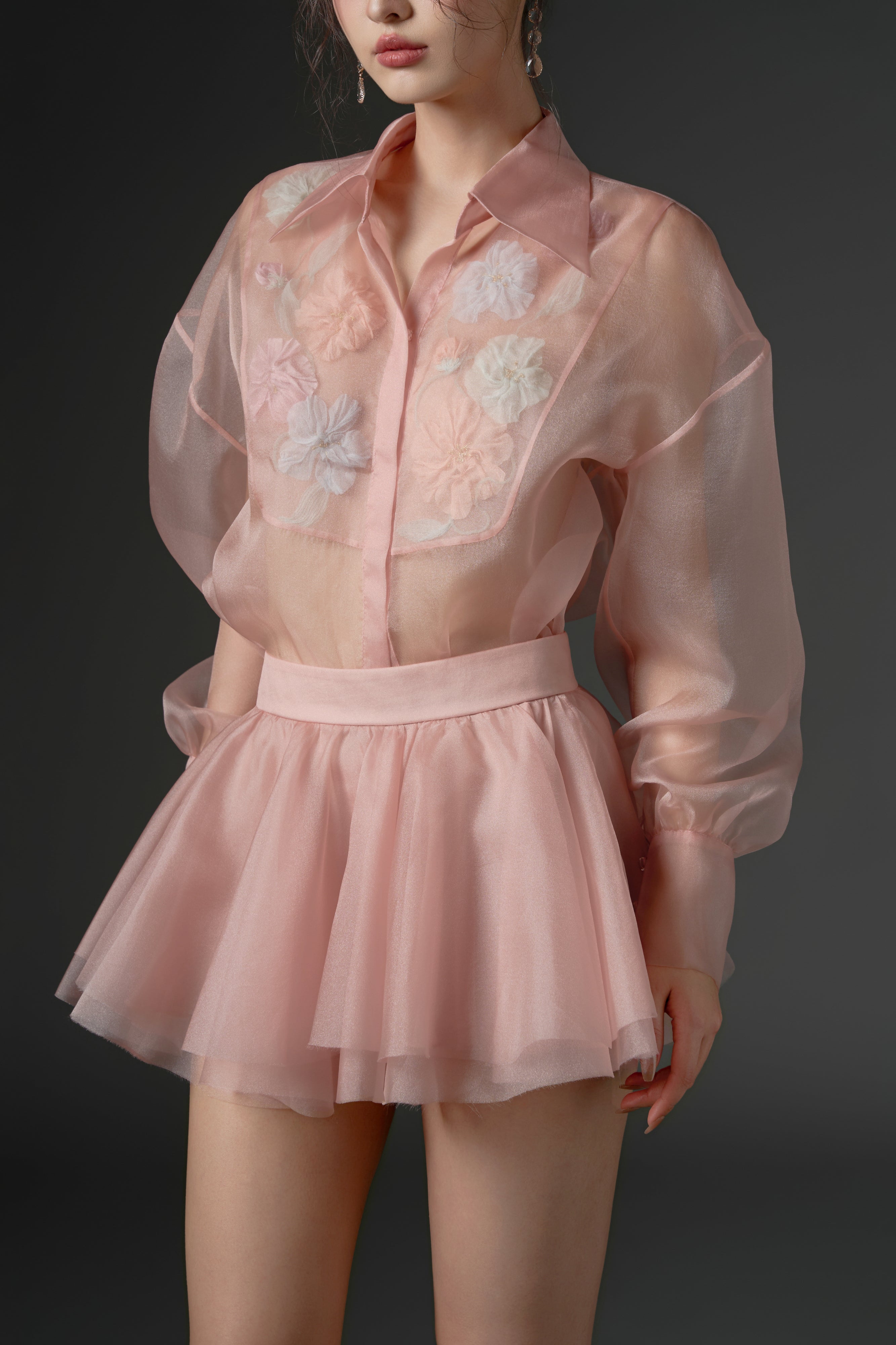 Timsah organza flower shirt with Zarafa organza pleated skirt
