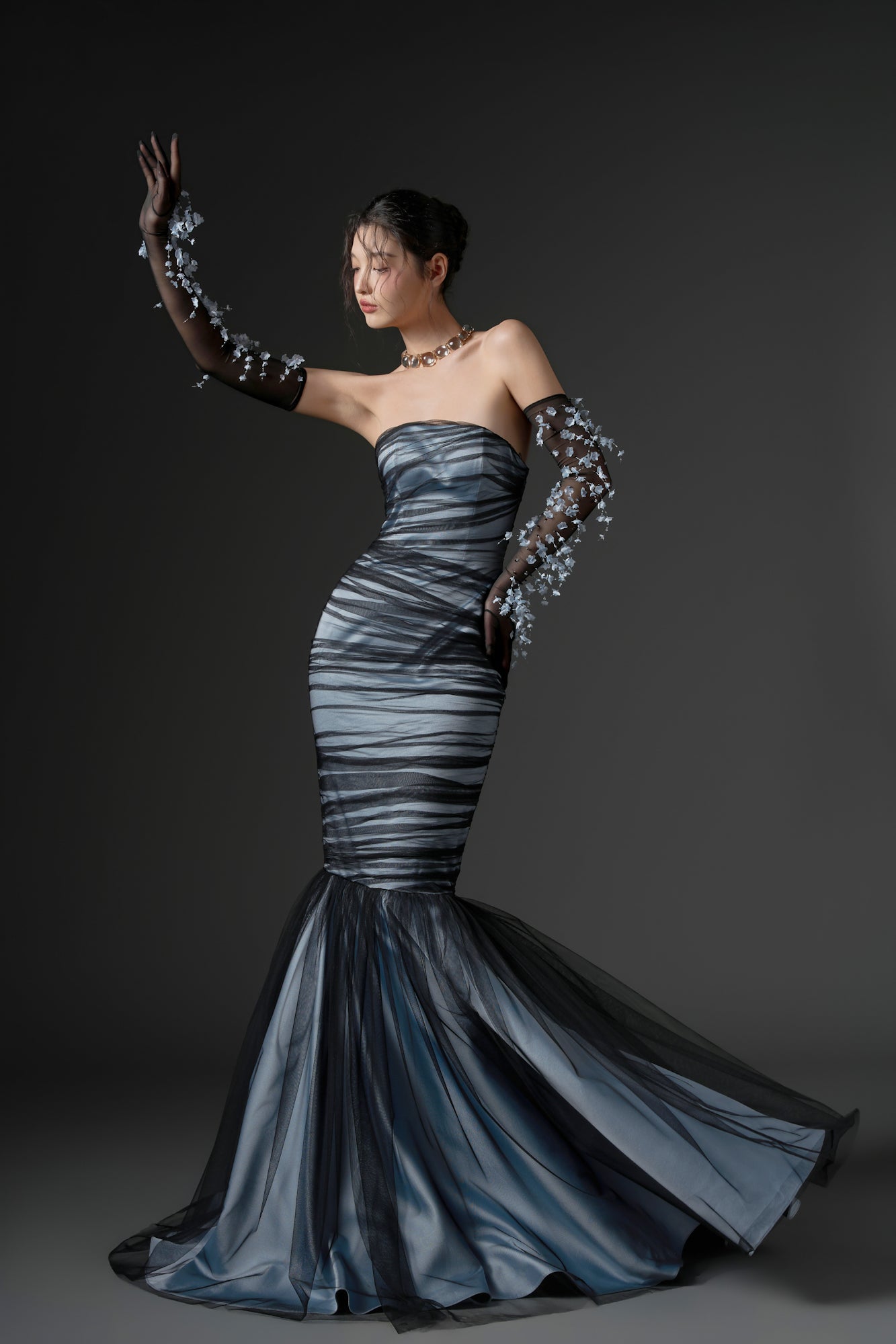 Hisan tulle and silk dress & Namir flower gloves