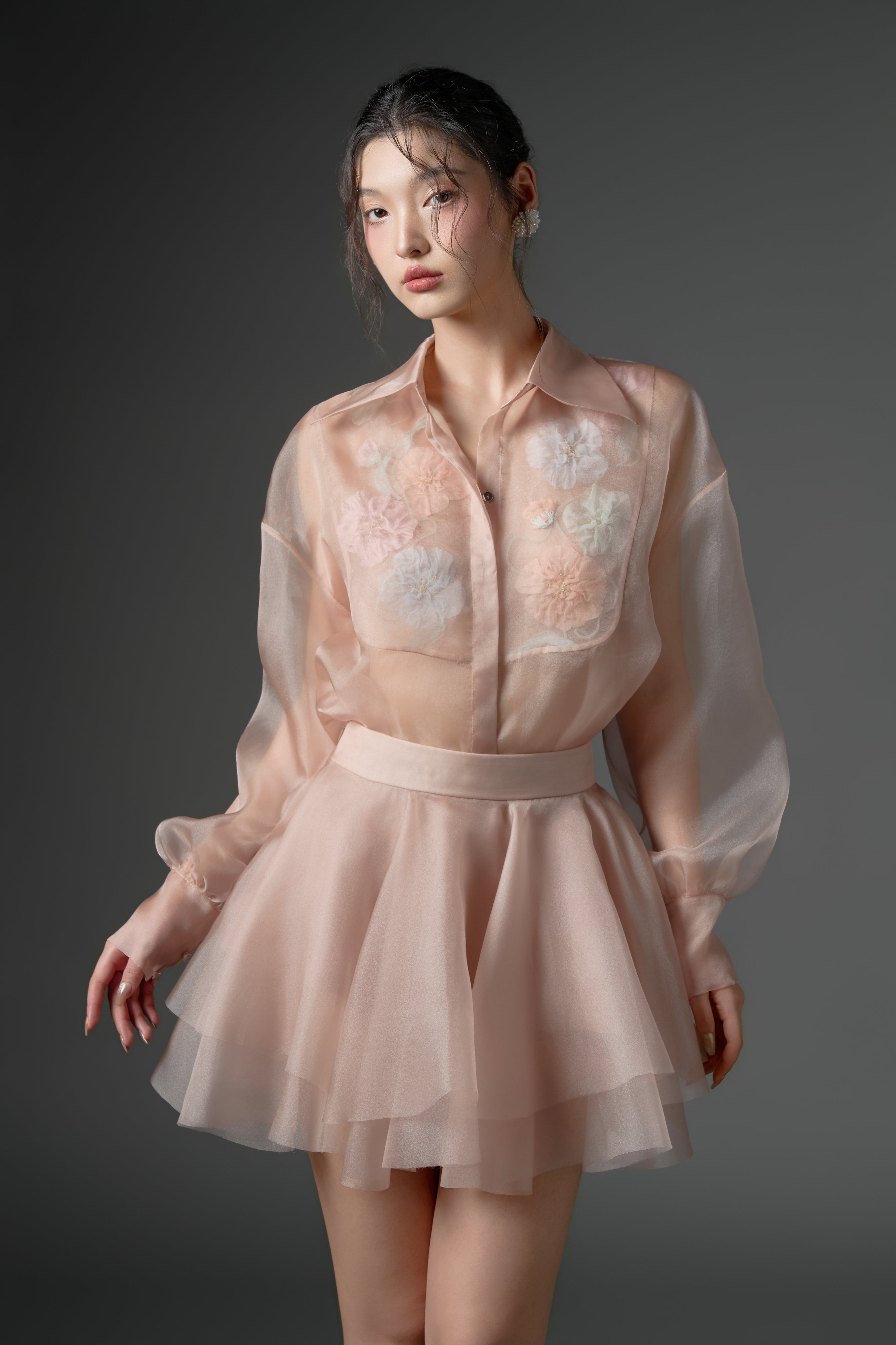 Timsah organza flower shirt with Zarafa organza pleated skirt